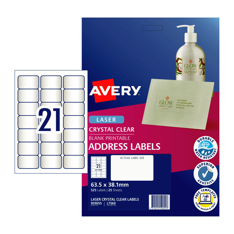 Packaging Tape: AVERY Label Clear L7560 21Up Pack of 25