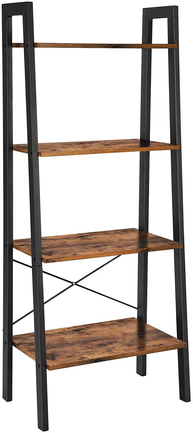Bookcases & Shelves: Rustic brown and black steel Metal Frame 4 Tier bookshelf