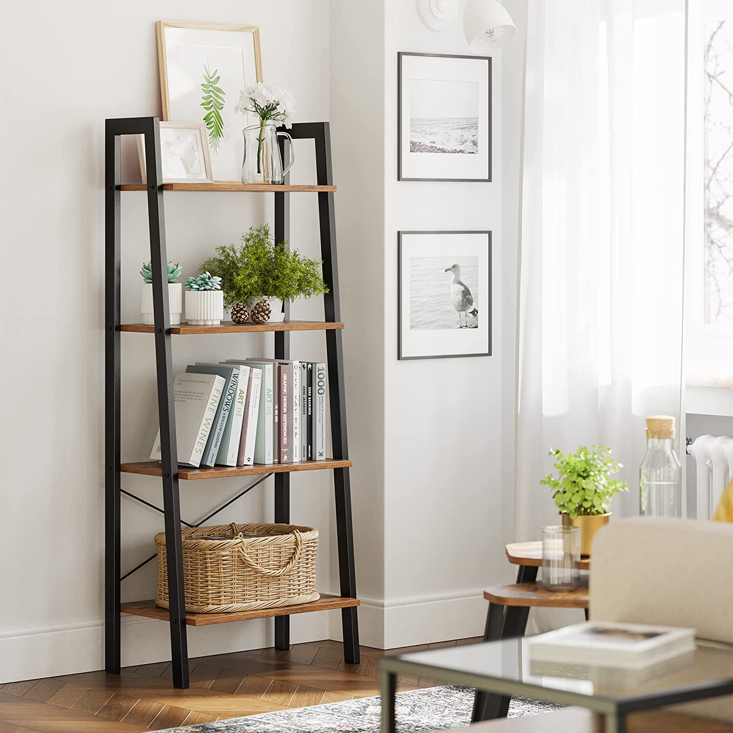Bookcases & Shelves: Rustic brown and black steel Metal Frame 4 Tier bookshelf