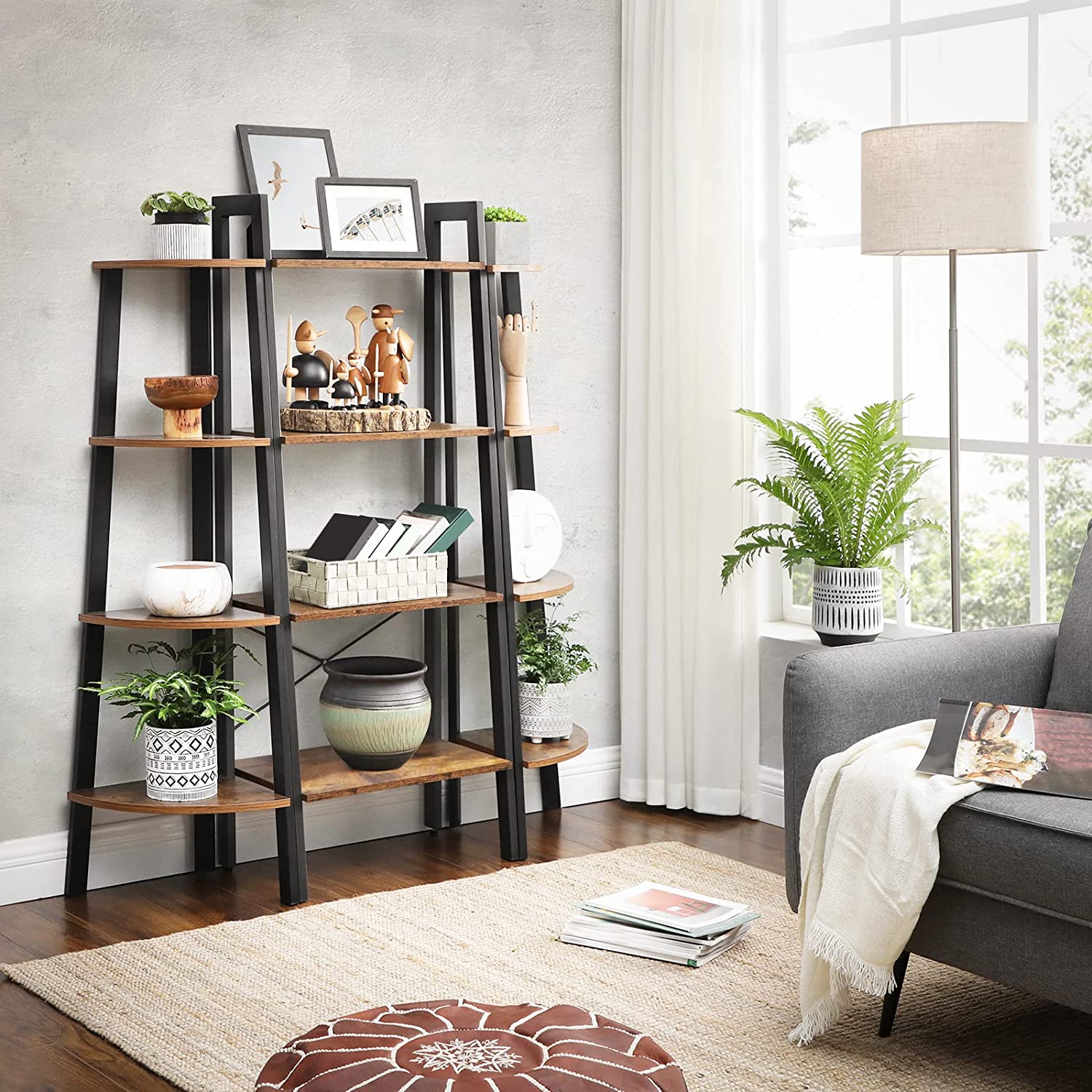 Bookcases & Shelves: Rustic brown and black steel Metal Frame 4 Tier bookshelf