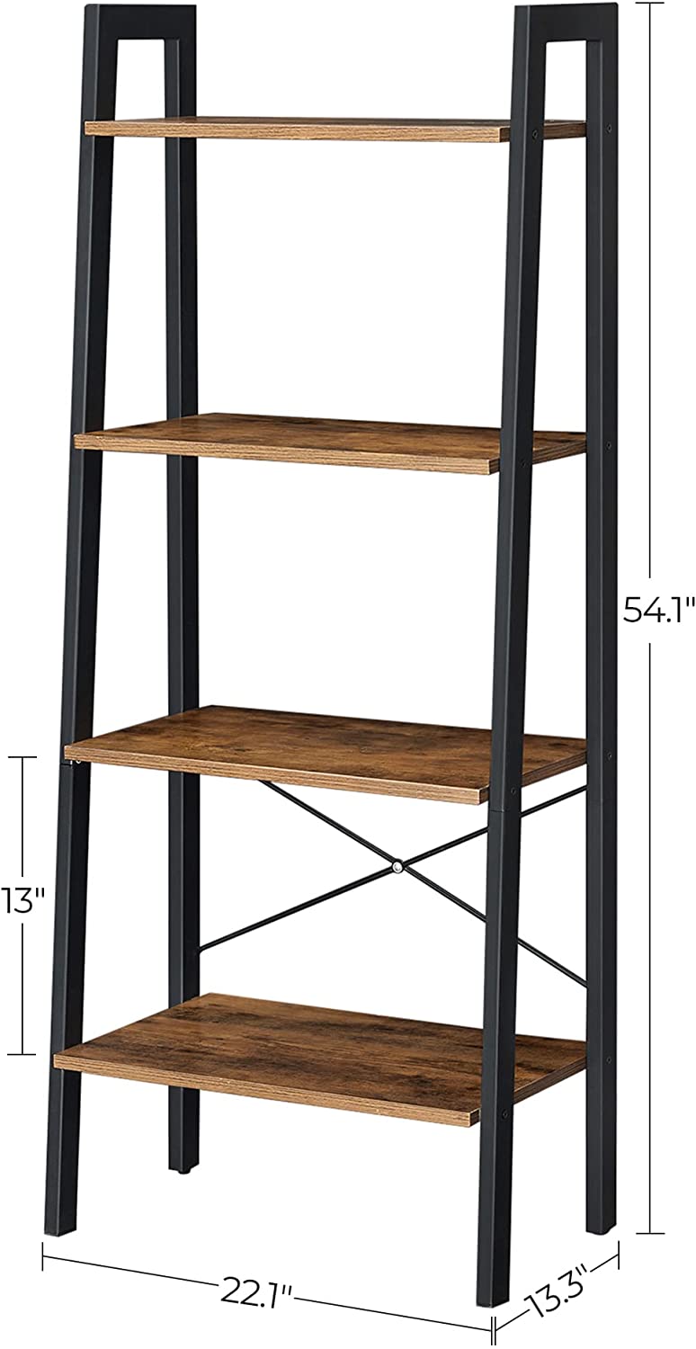 Bookcases & Shelves: Rustic brown and black steel Metal Frame 4 Tier bookshelf