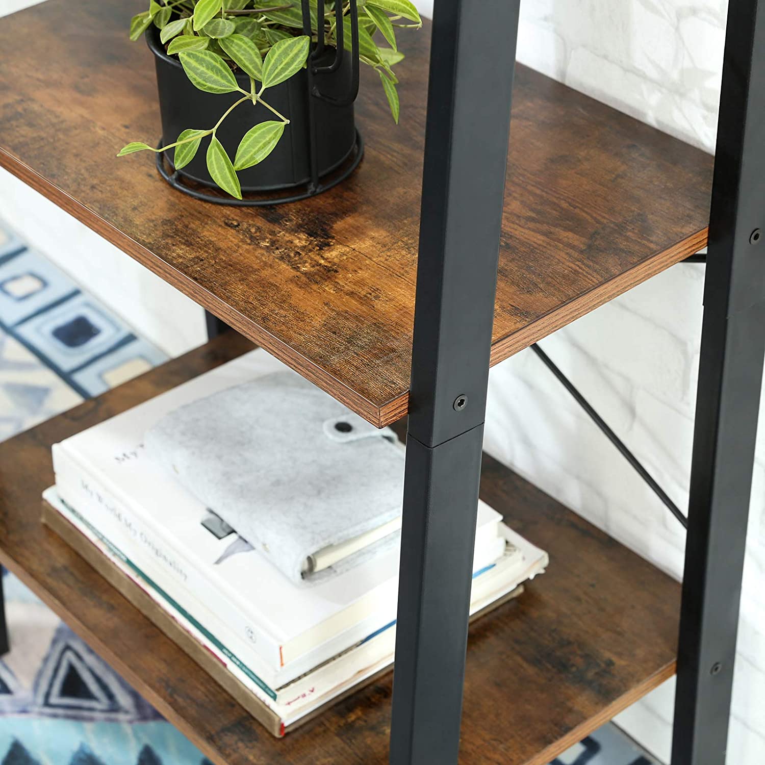 Bookcases & Shelves: Rustic brown and black steel Metal Frame 4 Tier bookshelf