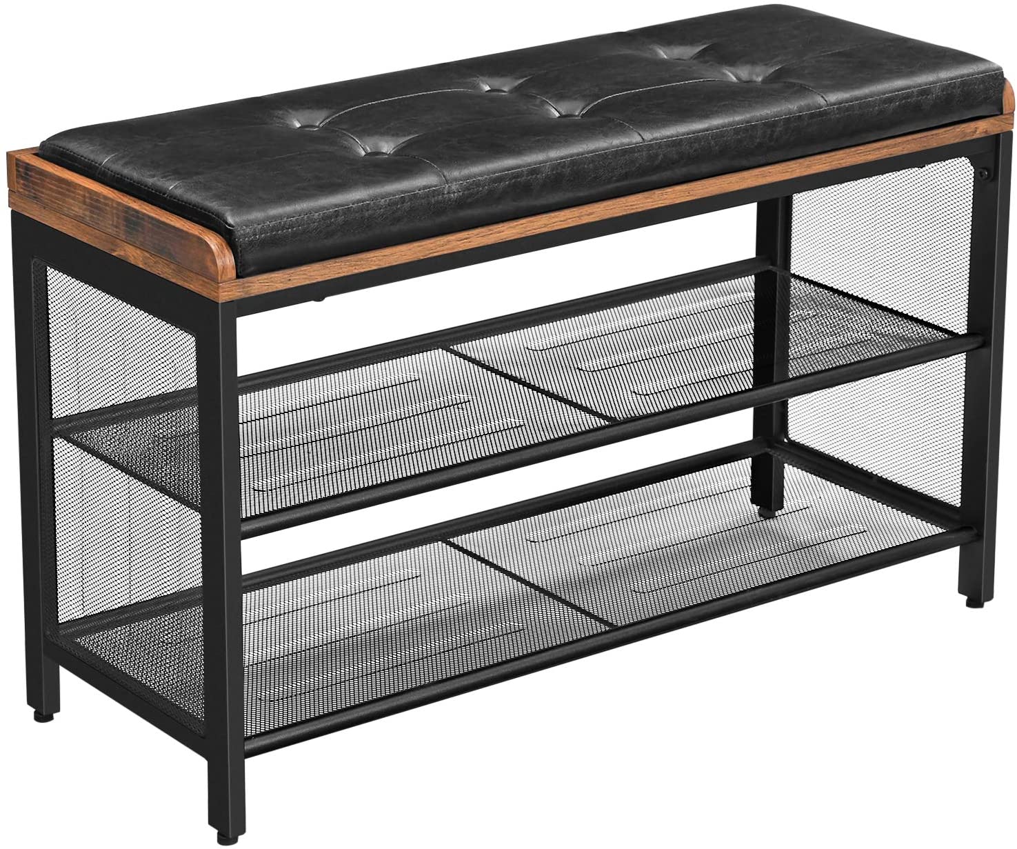 Shoe Storage: Shoe Bench with Mesh Shelf and Faux Leather Vintage Brown Black 80 x 30 x 48 cm