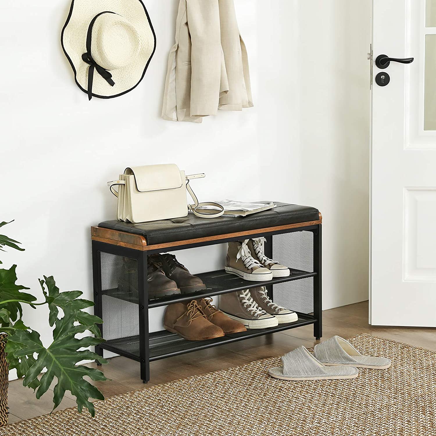 Shoe Storage: Shoe Bench with Mesh Shelf and Faux Leather Vintage Brown Black 80 x 30 x 48 cm