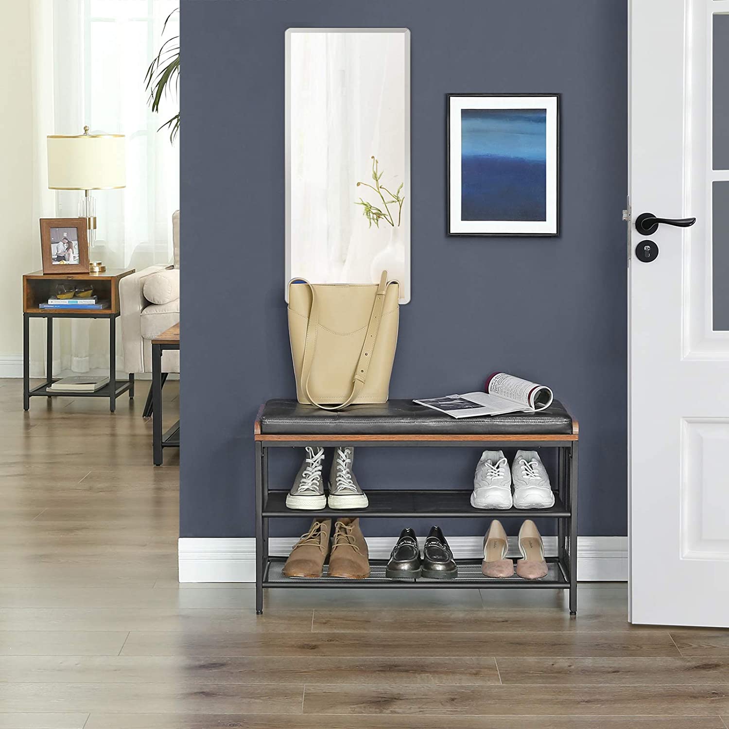 Shoe Storage: Shoe Bench with Mesh Shelf and Faux Leather Vintage Brown Black 80 x 30 x 48 cm