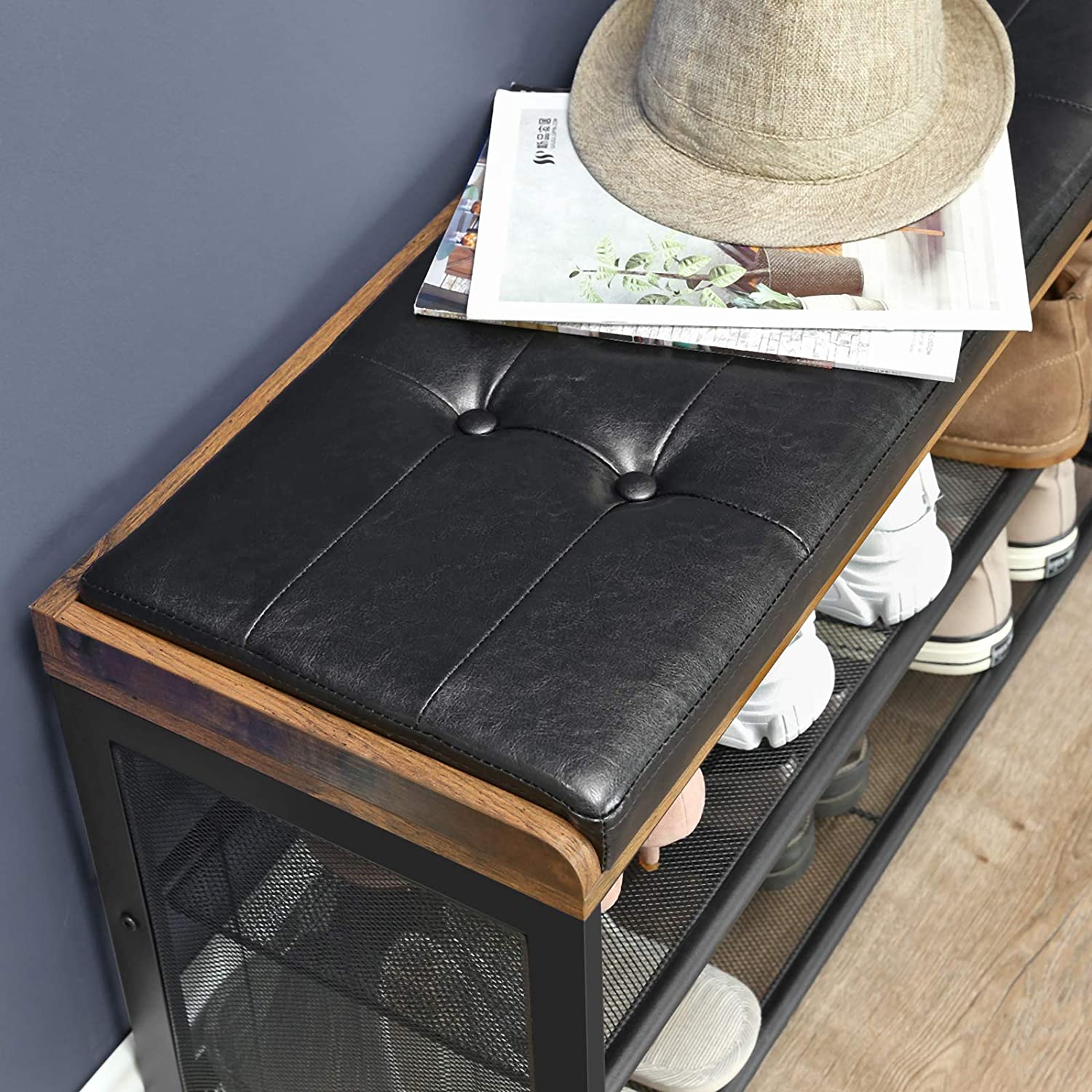 Shoe Storage: Shoe Bench with Mesh Shelf and Faux Leather Vintage Brown Black 80 x 30 x 48 cm