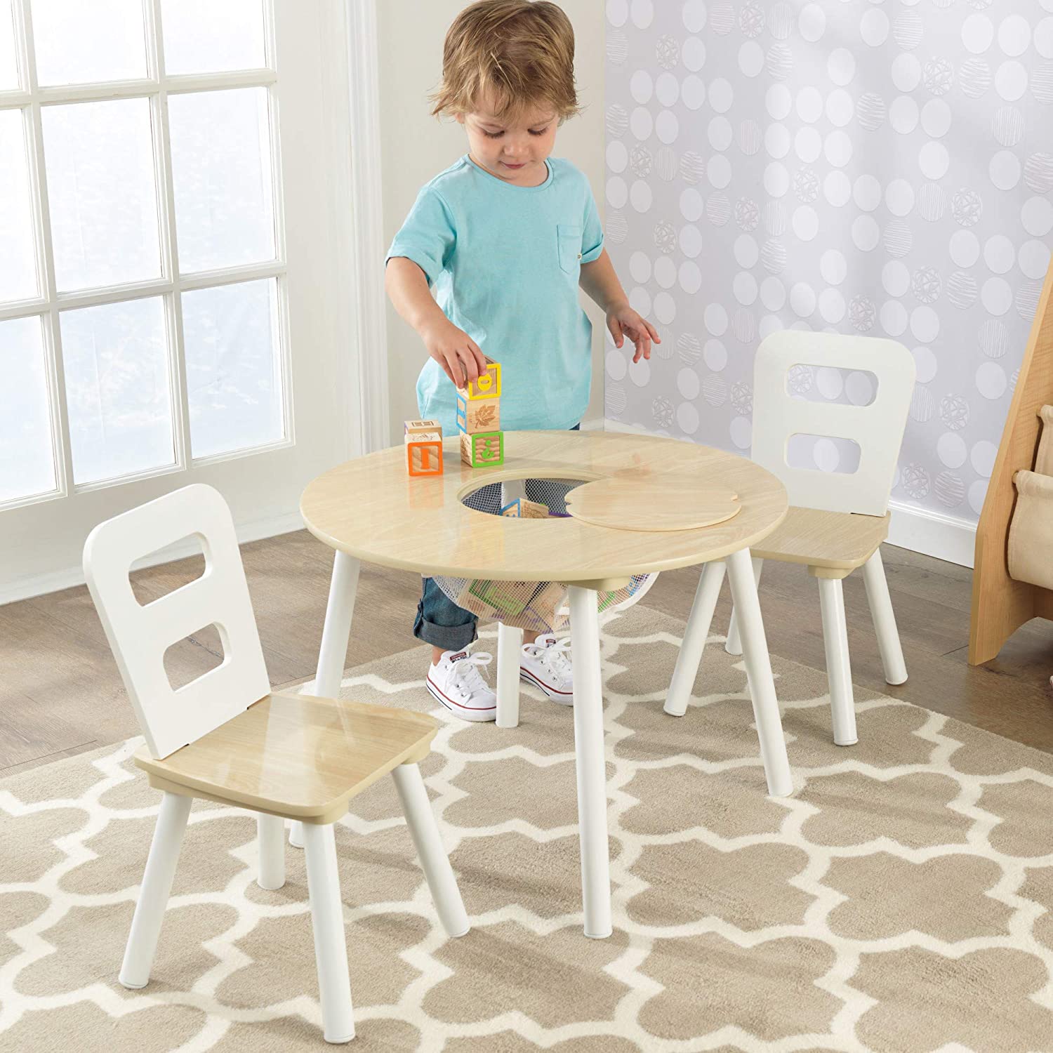 Outdoor Dining Sets: Round Table and 2 Chair Set for children (White Natural)