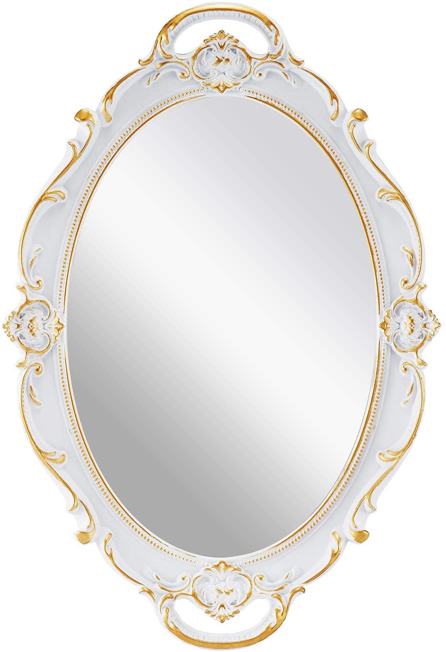 Mirrors: Oval Antique White 25 x 38 cm Vintage Carved Hanging Wall Mirror for Bedroom and Living-Room
