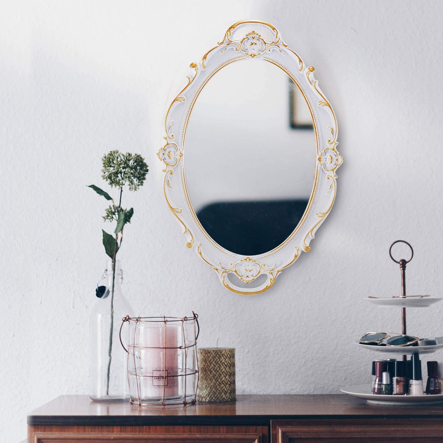 Mirrors: Oval Antique White 25 x 38 cm Vintage Carved Hanging Wall Mirror for Bedroom and Living-Room