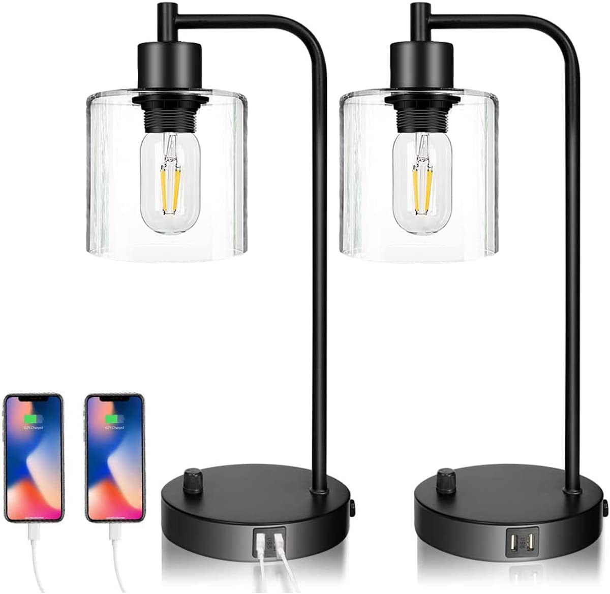 Table Lamps: 2x Pack Industrial Table Lamp with 2 USB Port for Bedside Nightstand Desk and Living Room Office (Bulb not Included)