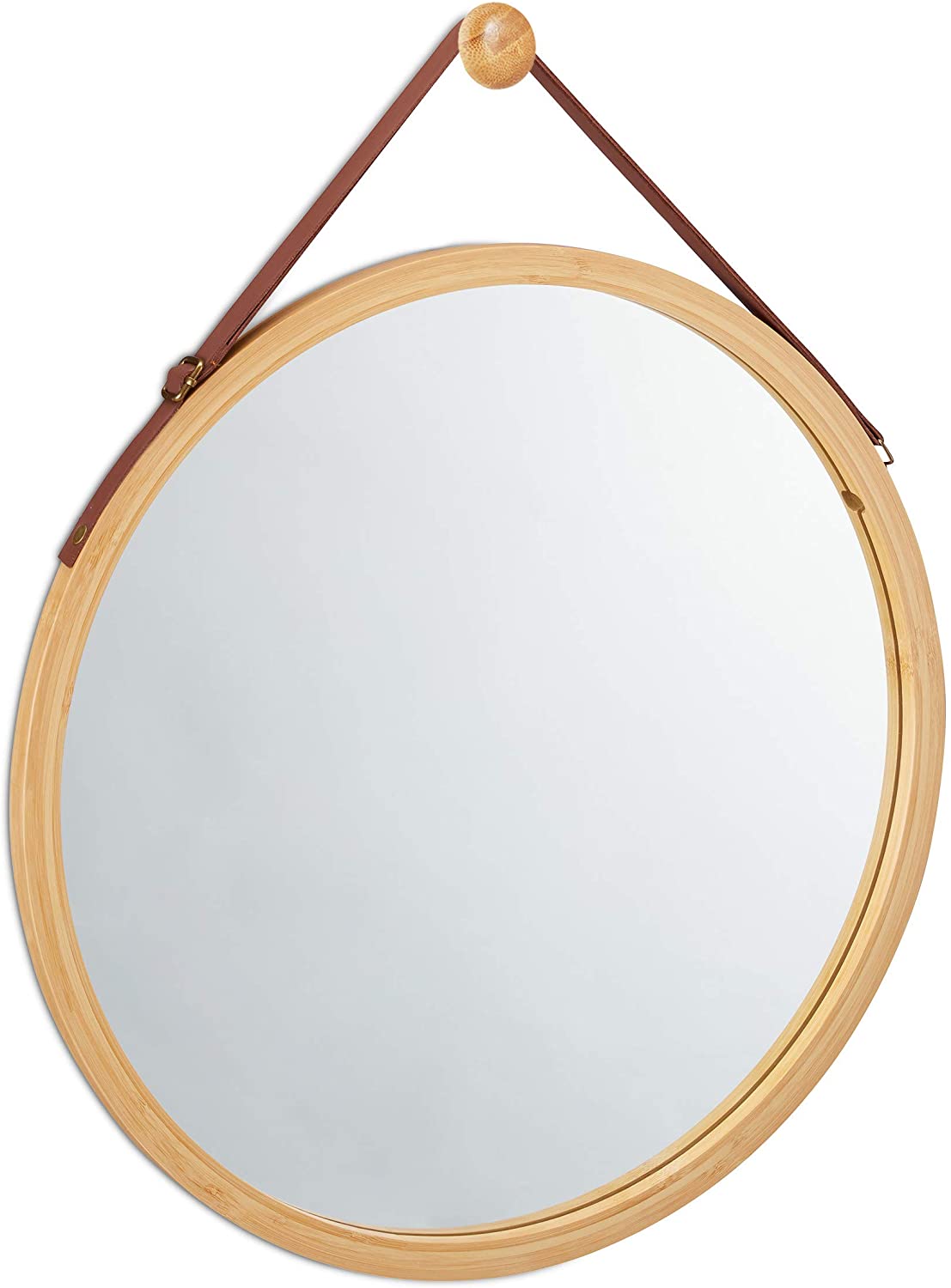 Mirrors: Hanging Round Wall Mirror 38 cm - Solid Bamboo Frame and Adjustable Leather Strap for Bathroom and Bedroom