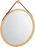 Mirrors: Hanging Round Wall Mirror 38 cm - Solid Bamboo Frame and Adjustable Leather Strap for Bathroom and Bedroom