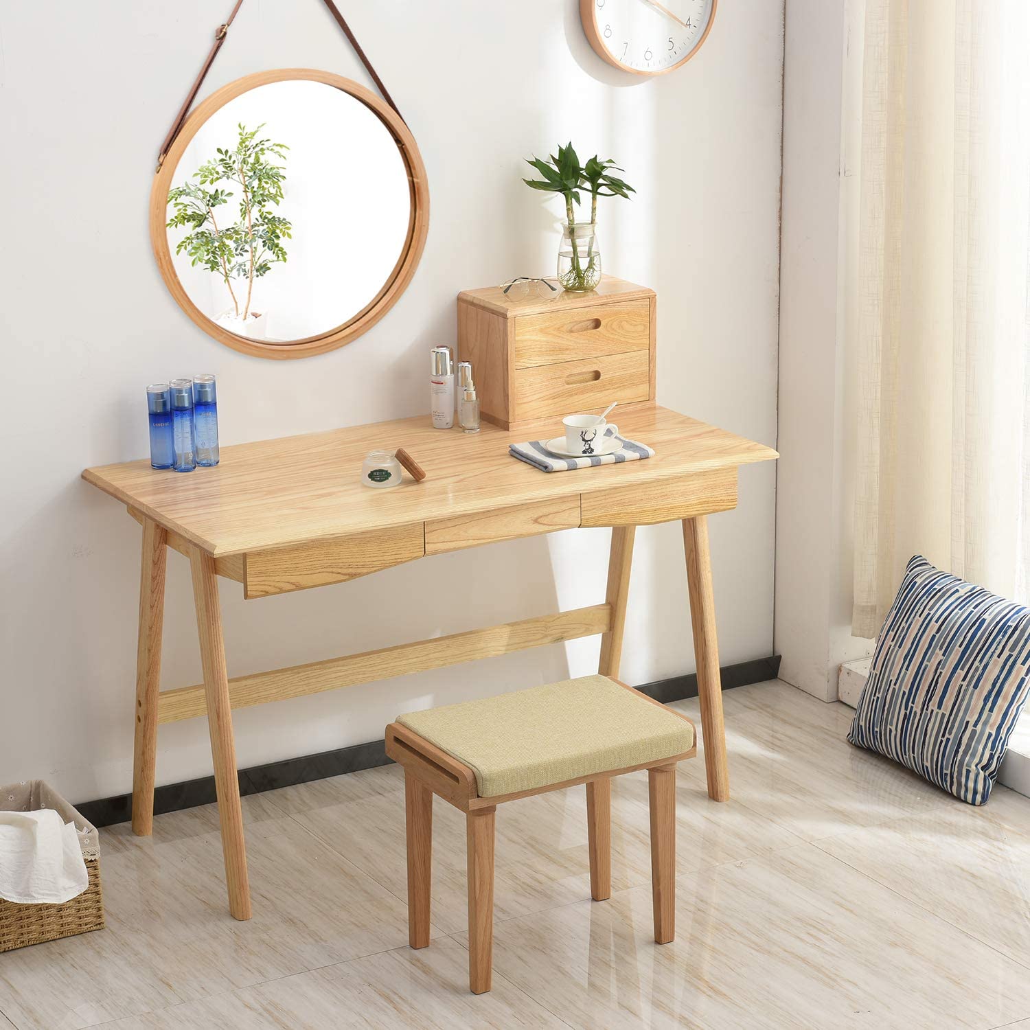 Mirrors: Hanging Round Wall Mirror 38 cm - Solid Bamboo Frame and Adjustable Leather Strap for Bathroom and Bedroom