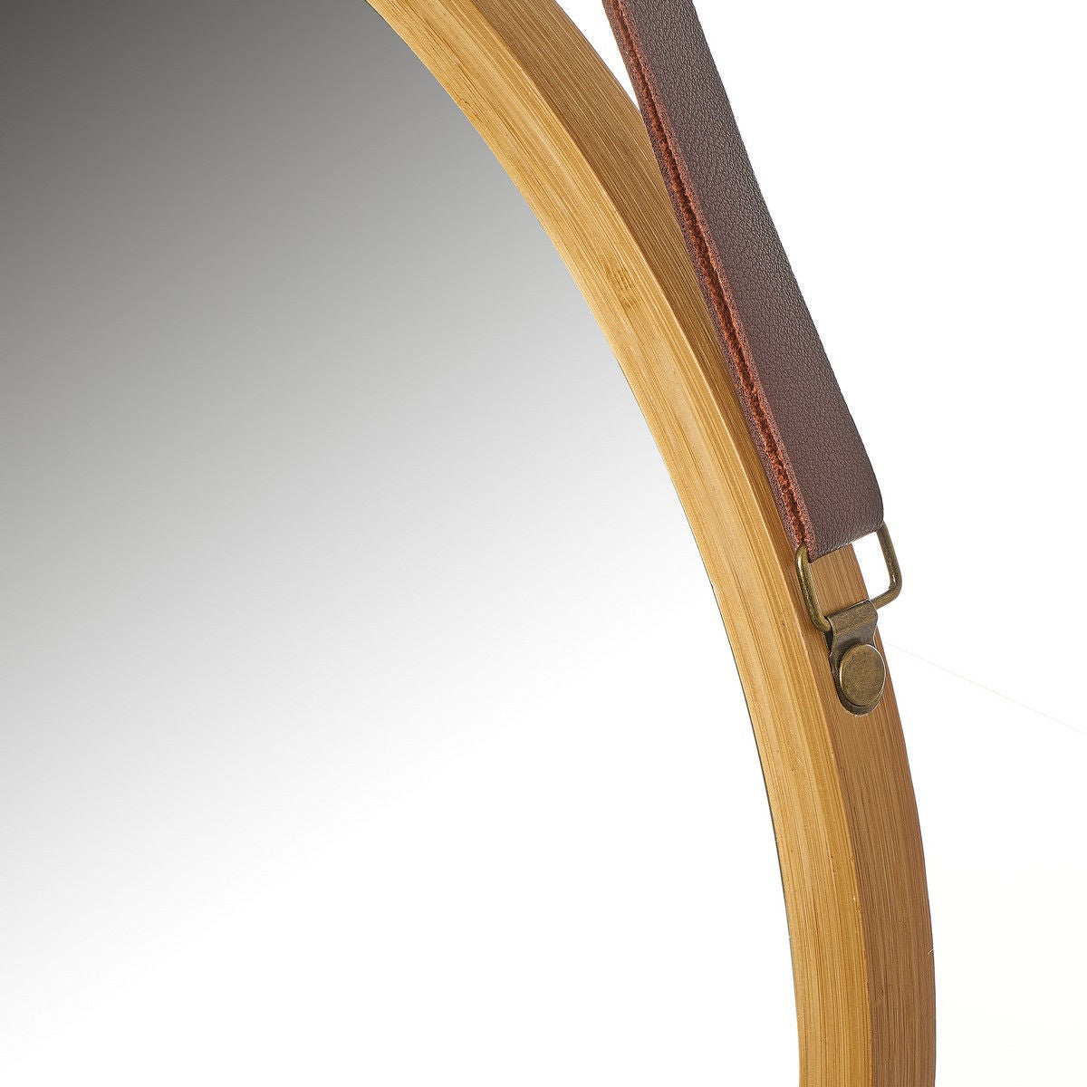 Mirrors: Hanging Round Wall Mirror 38 cm - Solid Bamboo Frame and Adjustable Leather Strap for Bathroom and Bedroom