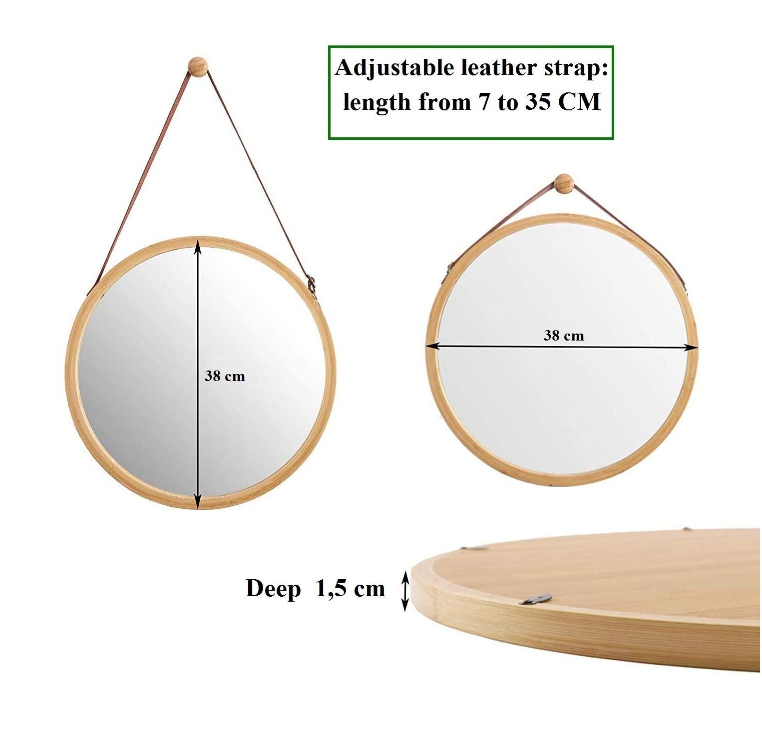 Mirrors: Hanging Round Wall Mirror 38 cm - Solid Bamboo Frame and Adjustable Leather Strap for Bathroom and Bedroom