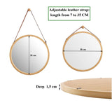 Mirrors: Hanging Round Wall Mirror 38 cm - Solid Bamboo Frame and Adjustable Leather Strap for Bathroom and Bedroom