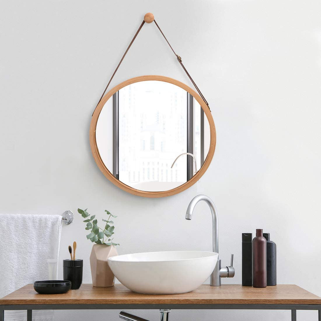 Mirrors: Hanging Round Wall Mirror 45 cm - Solid Bamboo Frame and Adjustable Leather Strap for Bathroom and Bedroom