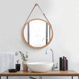 Mirrors: Hanging Round Wall Mirror 45 cm - Solid Bamboo Frame and Adjustable Leather Strap for Bathroom and Bedroom