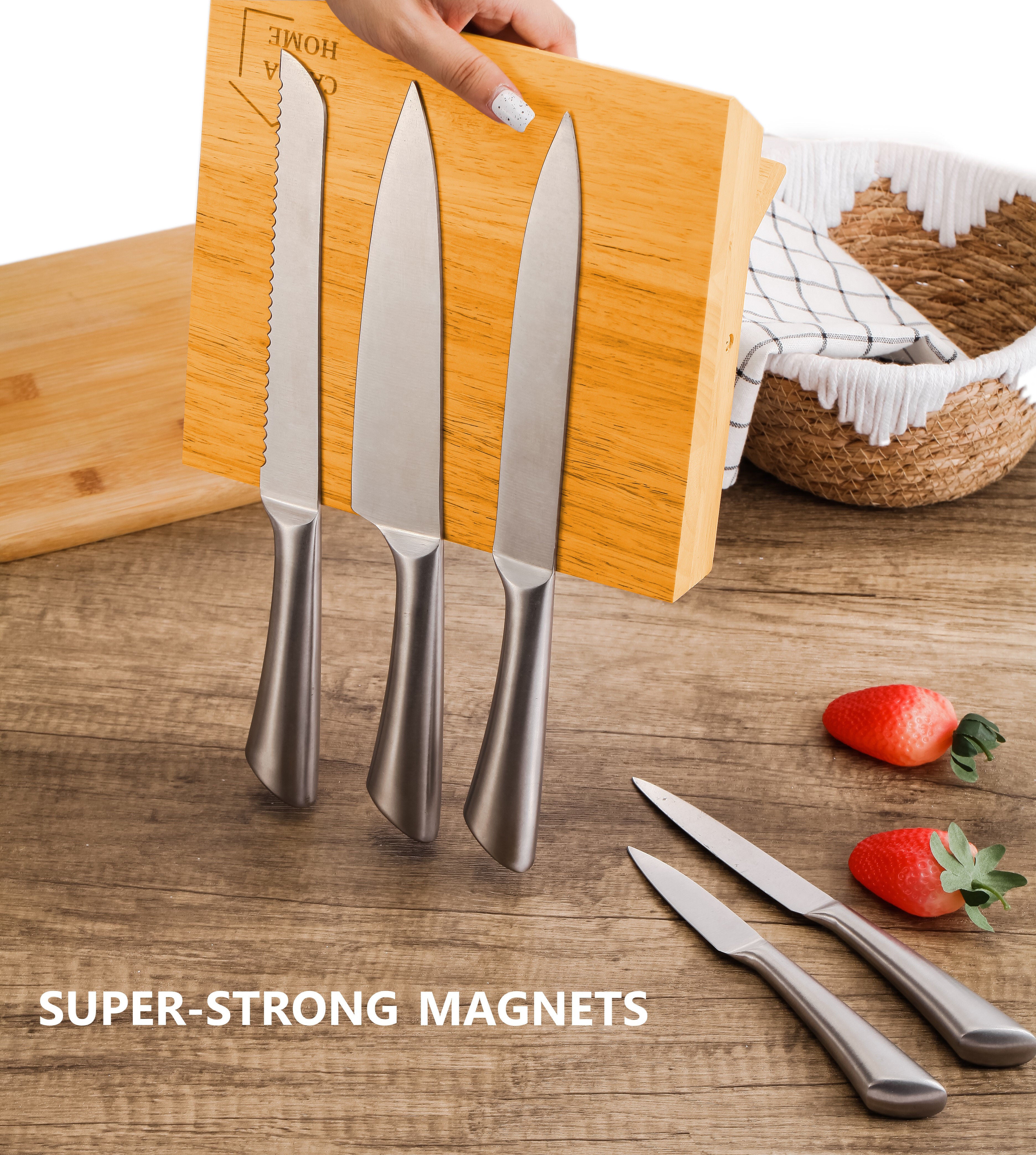 Kitchen Knives: Natural Bamboo Magnetic Knife Block Holder with Strong Magnets for Home Kitchen Storage & Organisation