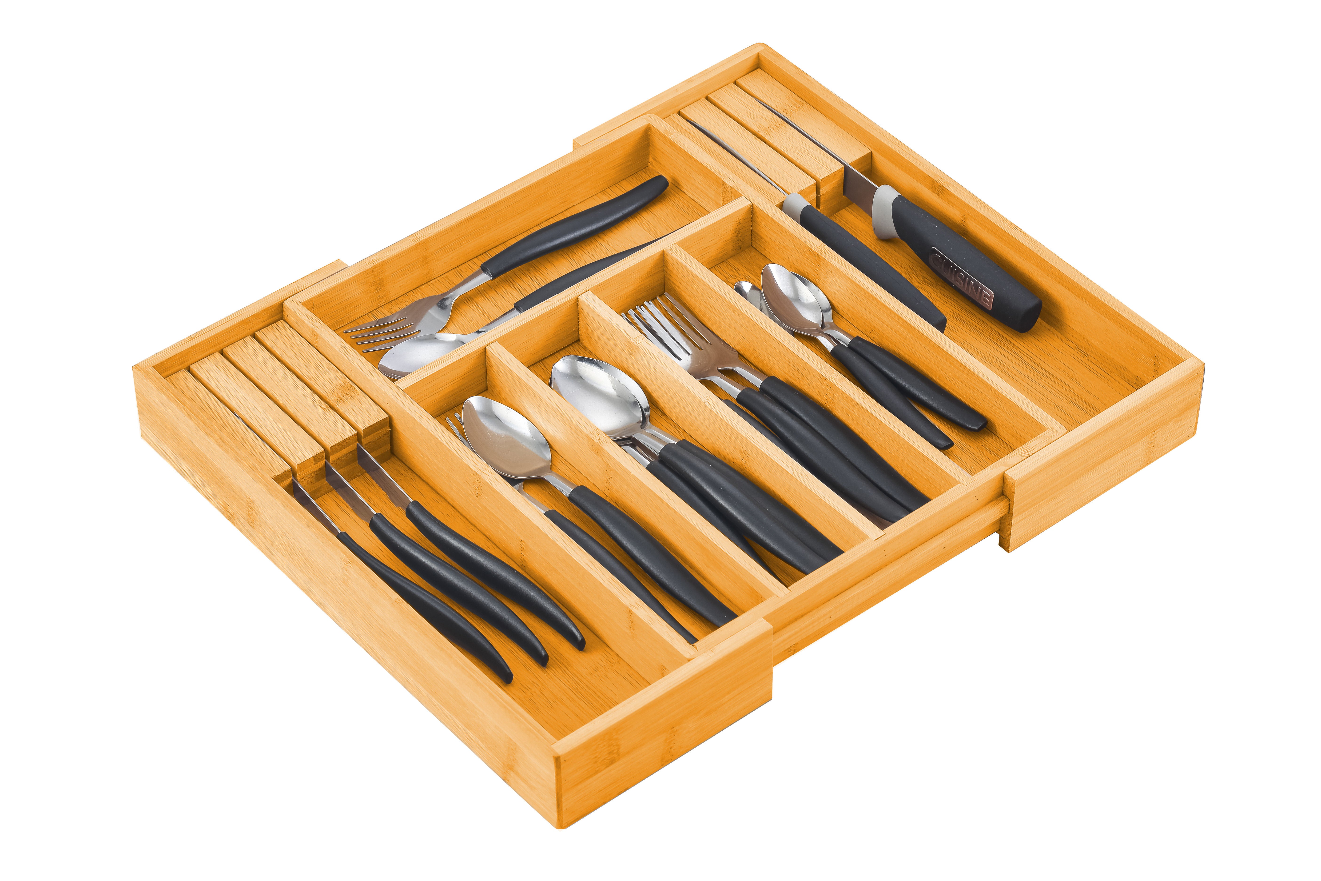 Kitchen Knives: Large Capacity Bamboo Expandable Drawer Organizer with Knife Block Holder for Home Kitchen Utensils