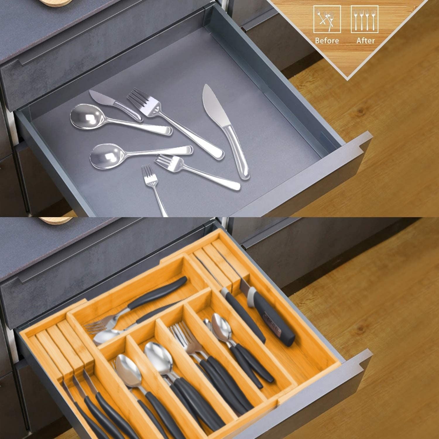 Kitchen Knives: Large Capacity Bamboo Expandable Drawer Organizer with Knife Block Holder for Home Kitchen Utensils