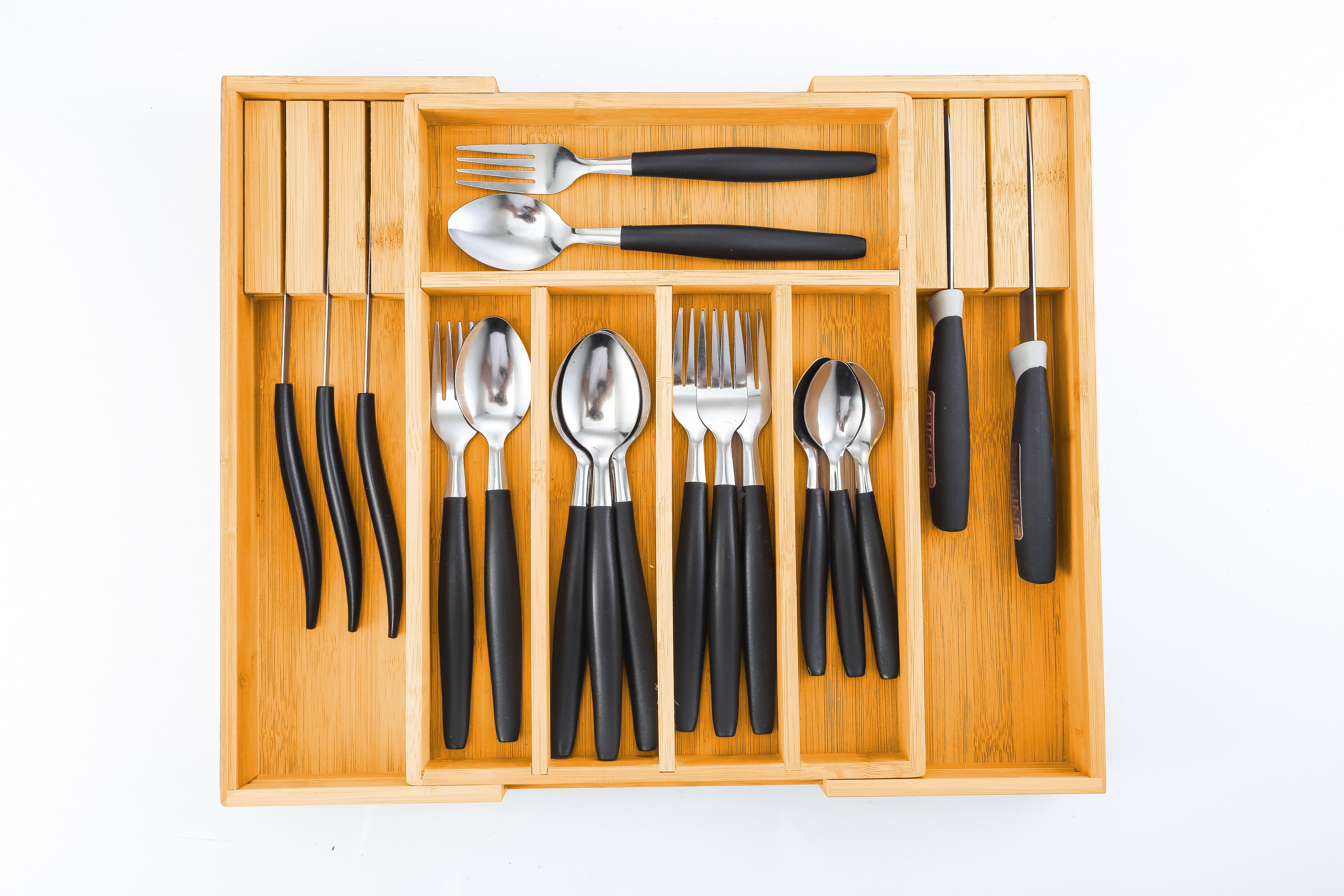 Kitchen Knives: Large Capacity Bamboo Expandable Drawer Organizer with Knife Block Holder for Home Kitchen Utensils