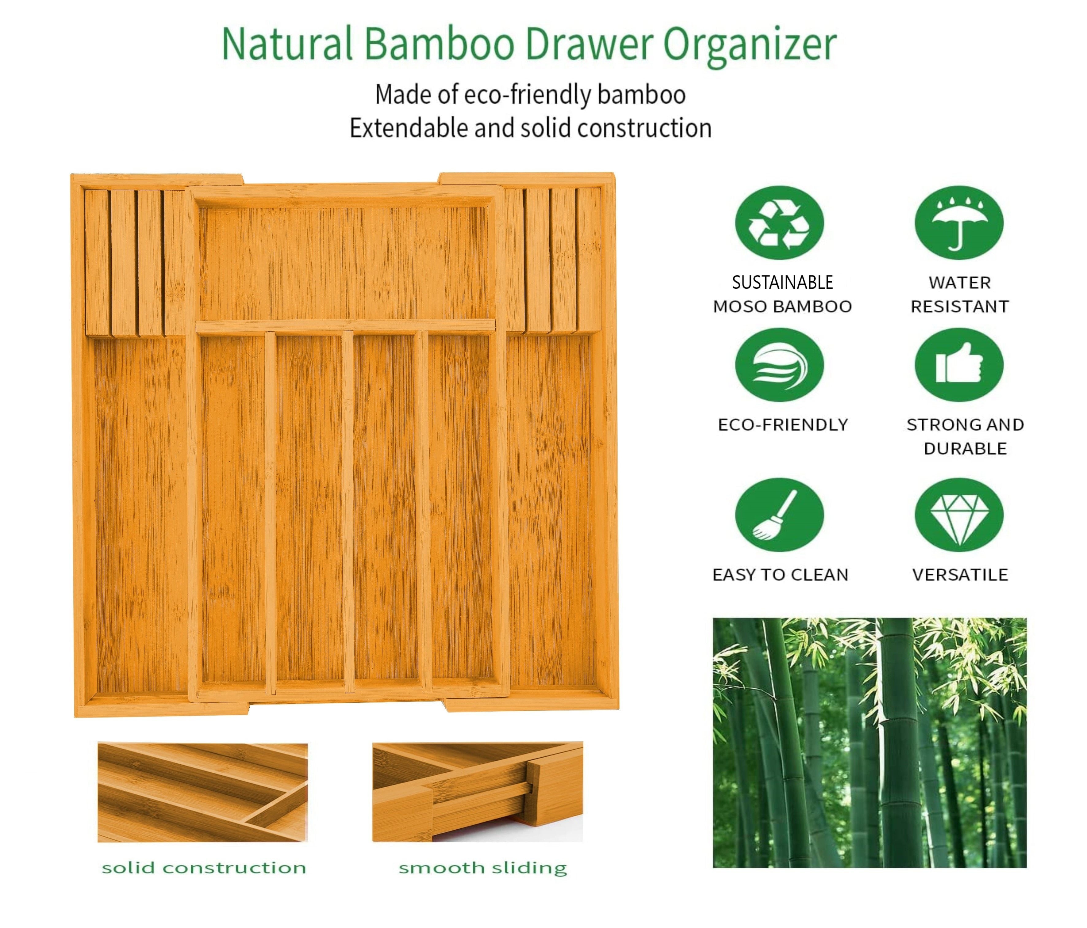Kitchen Knives: Large Capacity Bamboo Expandable Drawer Organizer with Knife Block Holder for Home Kitchen Utensils