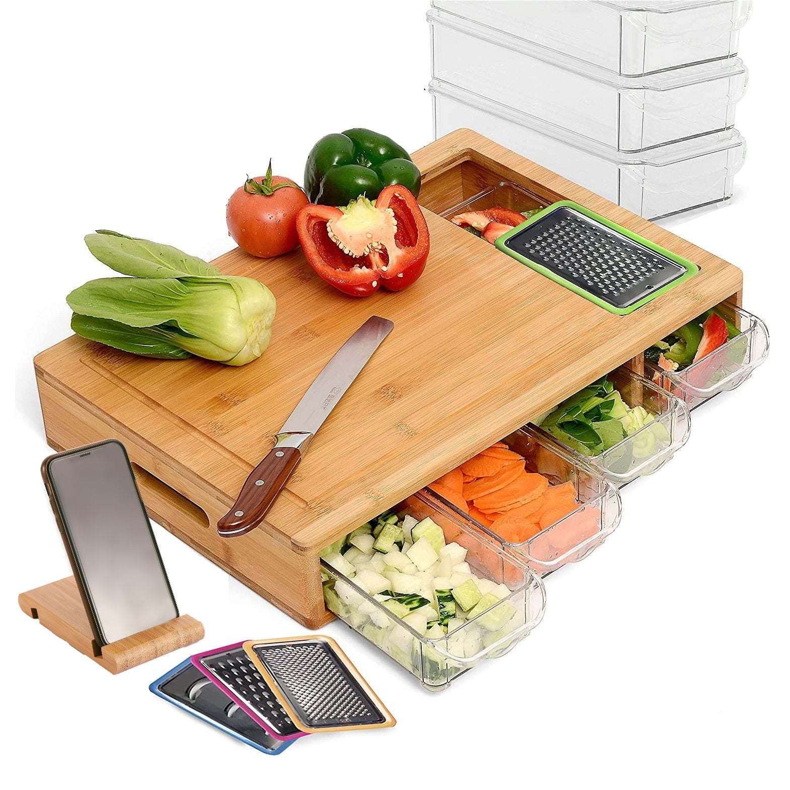 Kitchen Utensils: Large Bamboo Cutting Board and 4 Containers with Mobile Holder gift included for Home Kitchen