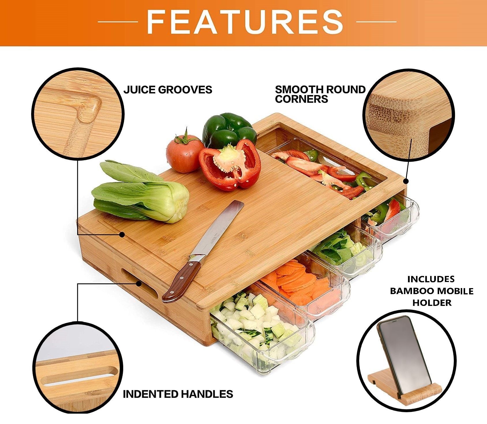 Kitchen Utensils: Large Bamboo Cutting Board and 4 Containers with Mobile Holder gift included for Home Kitchen