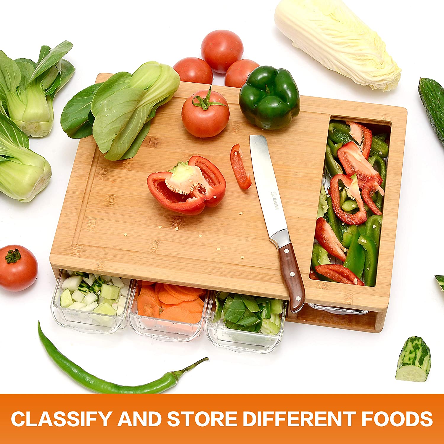 Kitchen Utensils: Large Bamboo Cutting Board and 4 Containers with Mobile Holder gift included for Home Kitchen