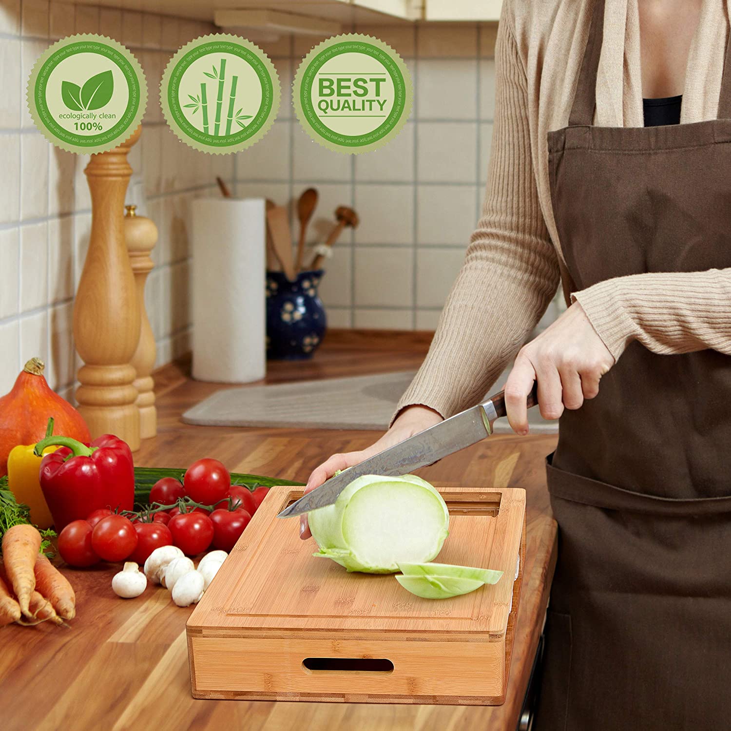 Kitchen Utensils: Large Bamboo Cutting Board and 4 Containers with Mobile Holder gift included for Home Kitchen
