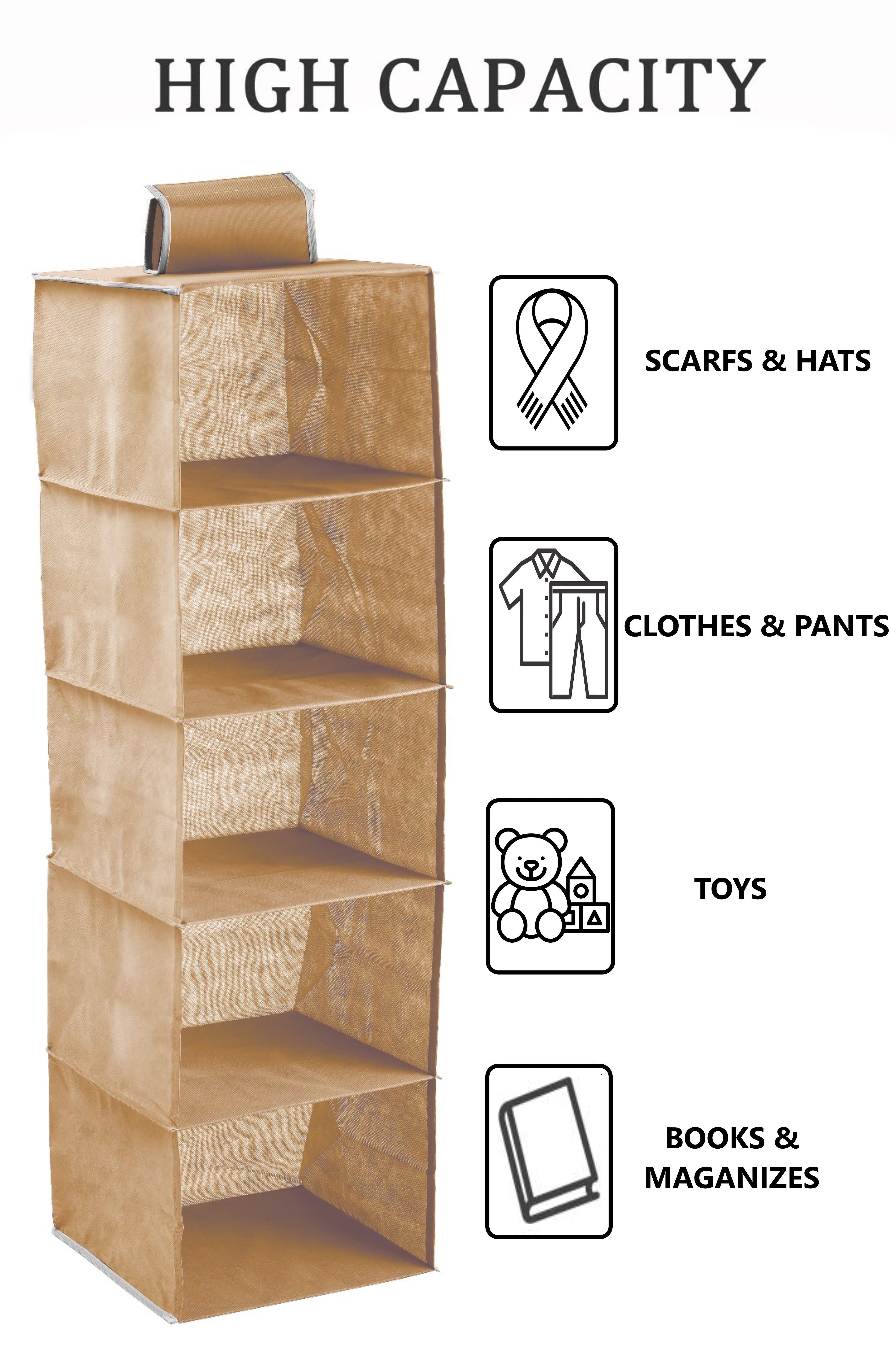 Clothing & Wardrobe Storage: 5 Tier Shelf Hanging Closet Organizer and Storage for Clothes (Beige)