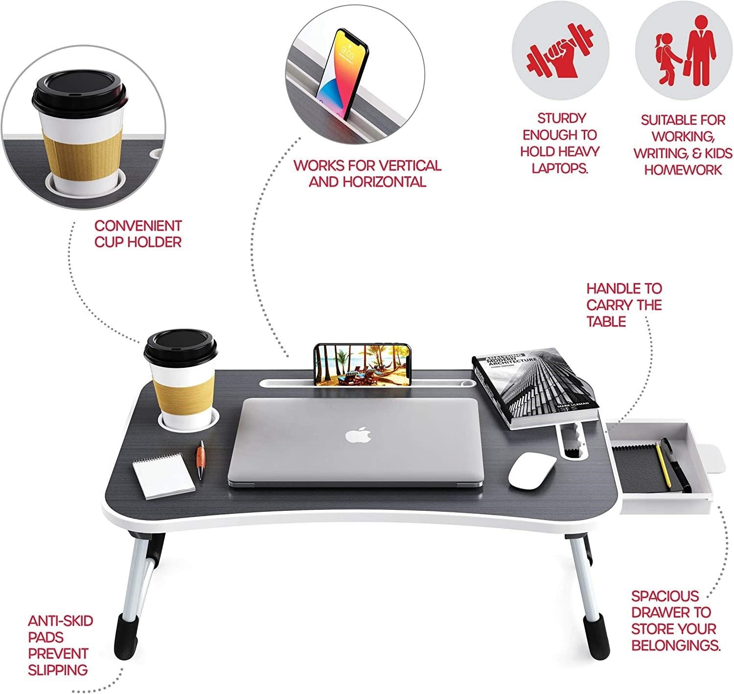 Desks: Laptop Bed Desk with Storage and foldable legs for Adults, Kids & Home Office