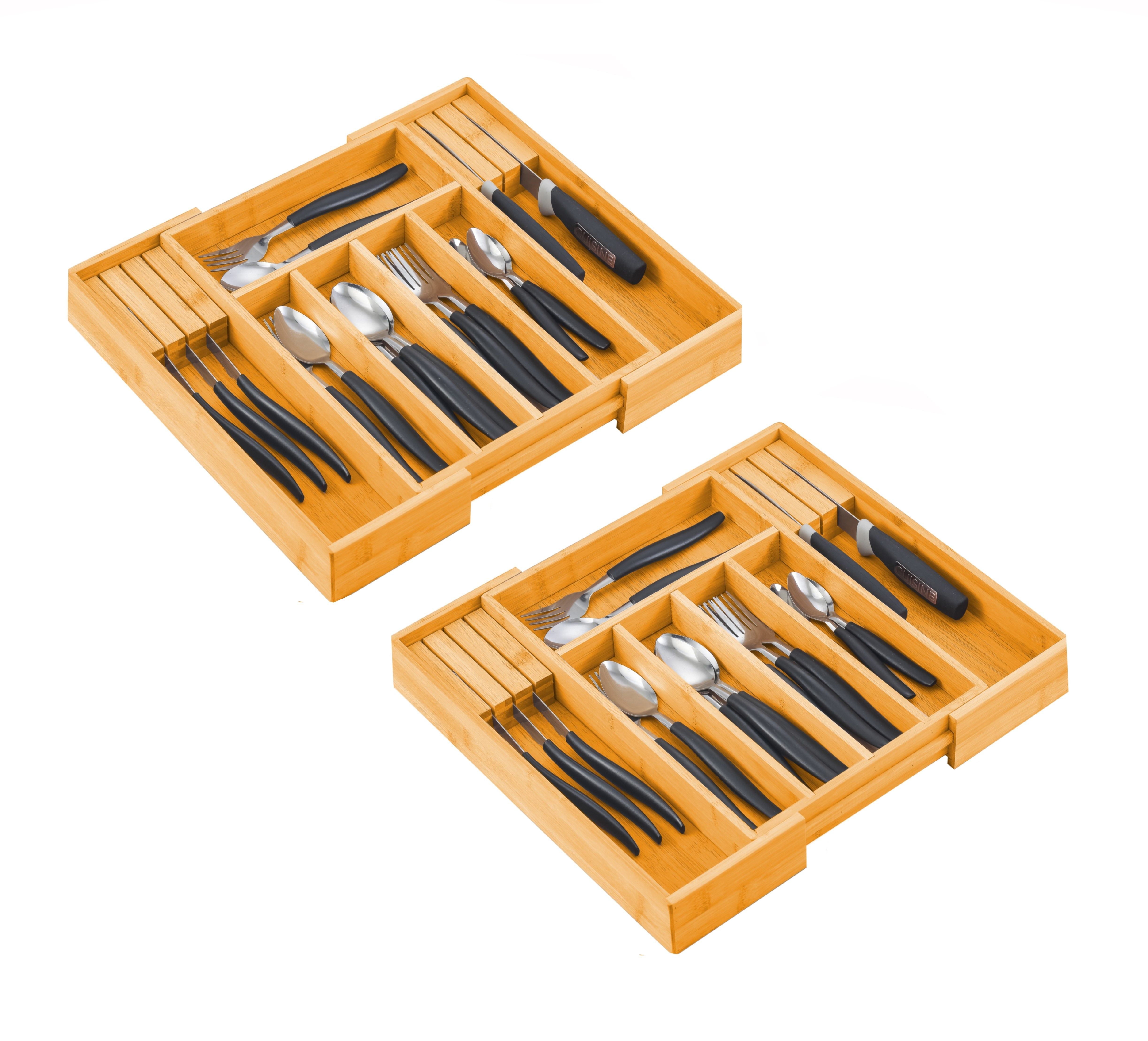 Kitchen Utensils: 2 Pack Large Capacity Bamboo Expandable Drawer Organizer with Knife Block Holder for Home Kitchen Utensils