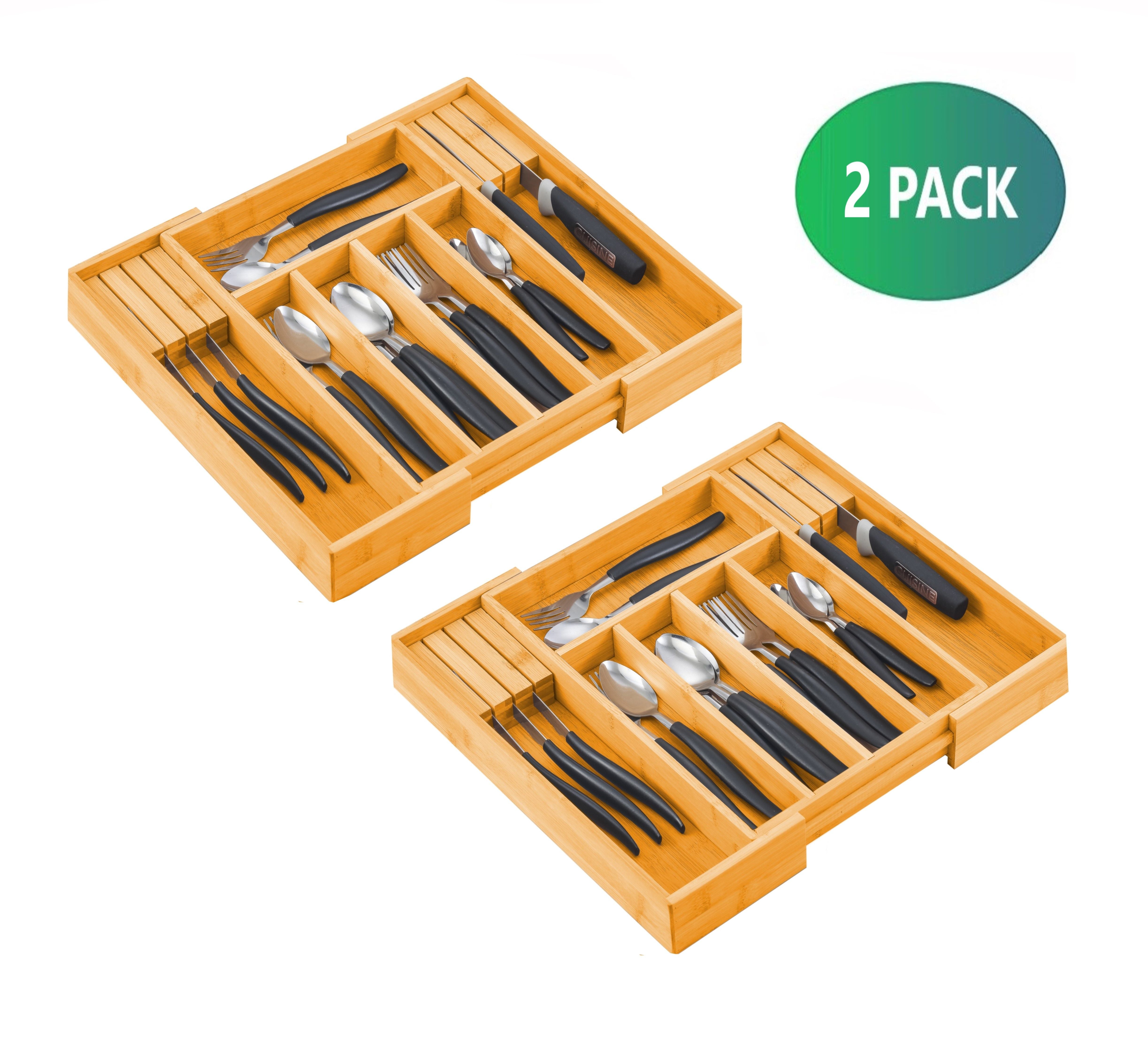 Kitchen Utensils: 2 Pack Large Capacity Bamboo Expandable Drawer Organizer with Knife Block Holder for Home Kitchen Utensils
