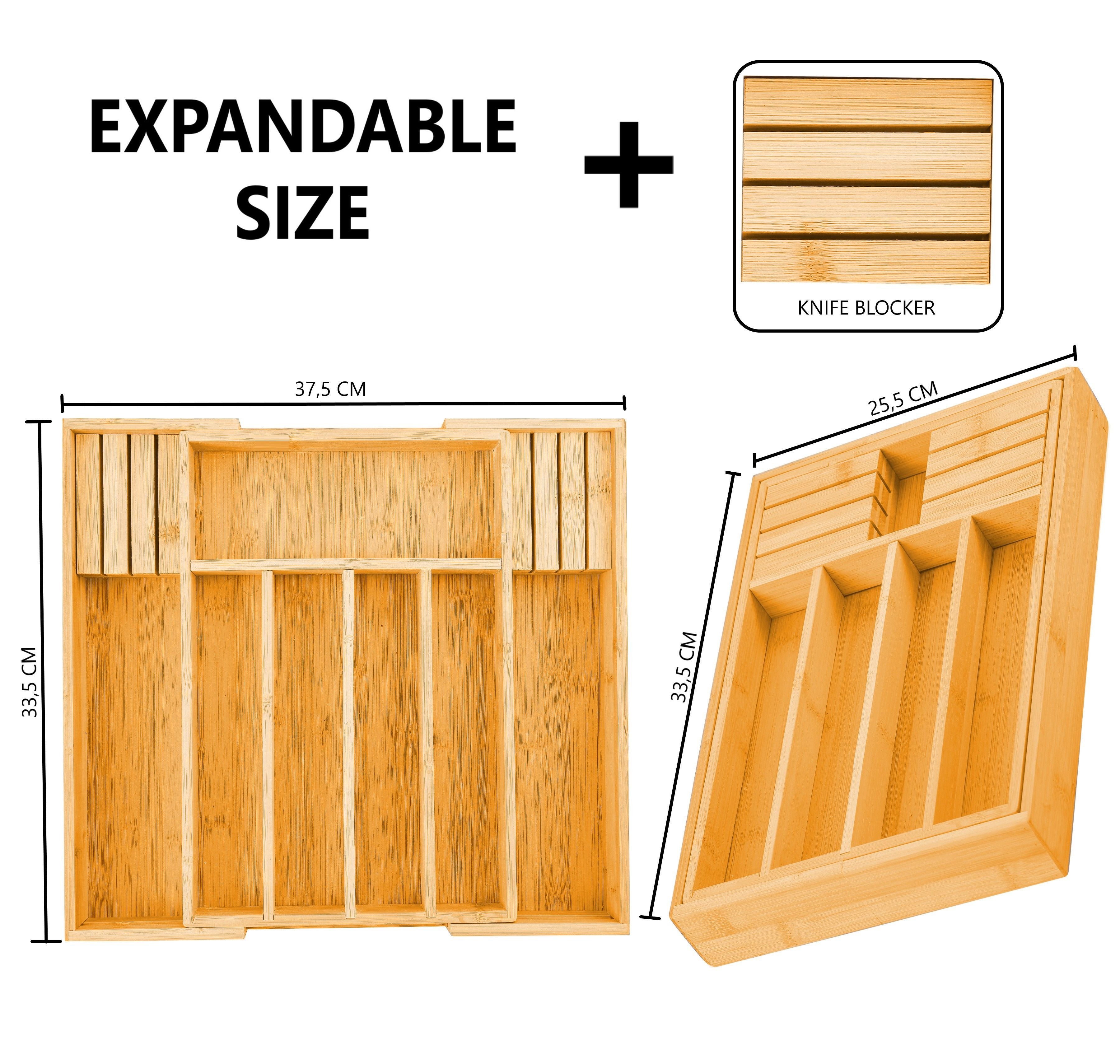Kitchen Utensils: 2 Pack Large Capacity Bamboo Expandable Drawer Organizer with Knife Block Holder for Home Kitchen Utensils