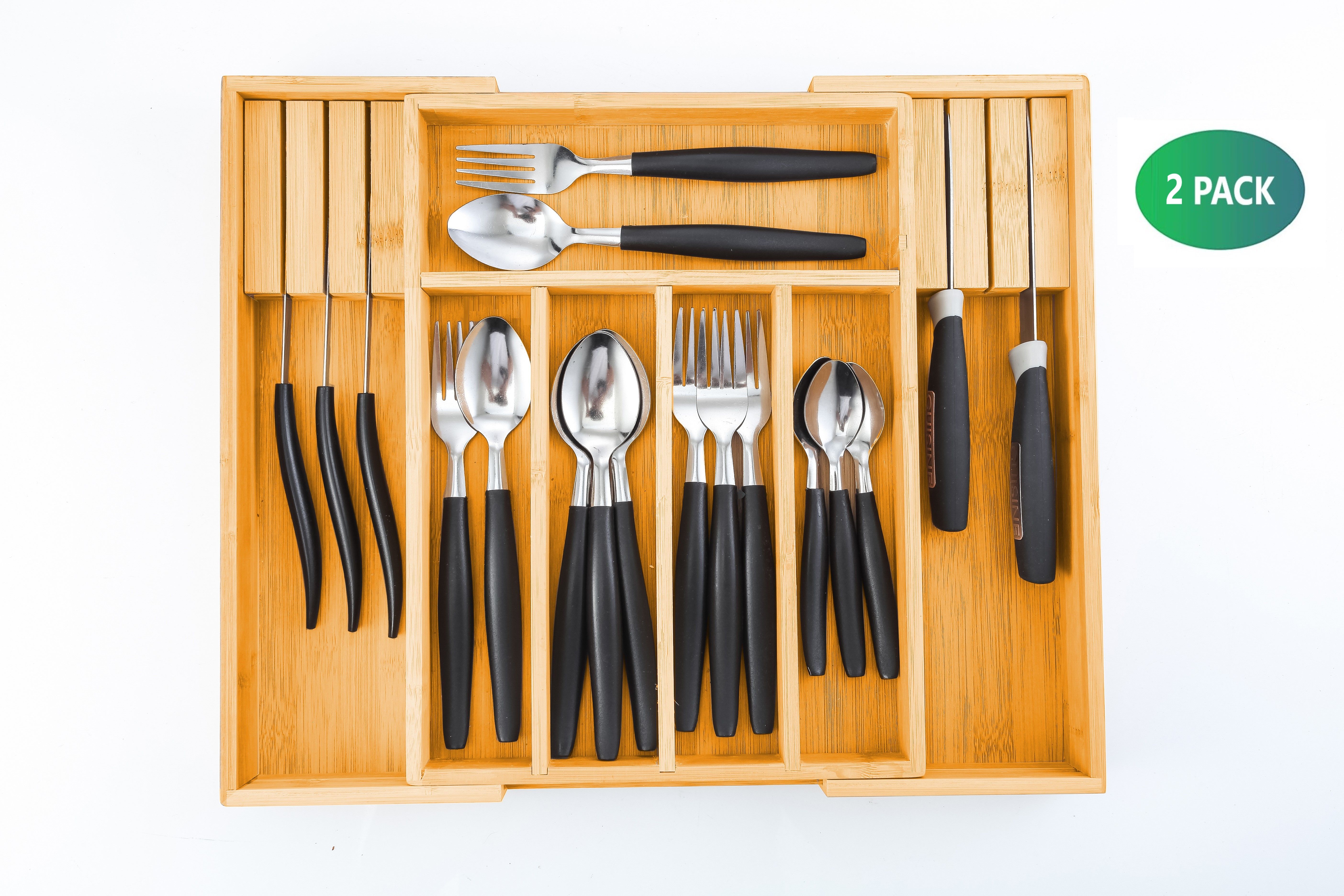 Kitchen Utensils: 2 Pack Large Capacity Bamboo Expandable Drawer Organizer with Knife Block Holder for Home Kitchen Utensils