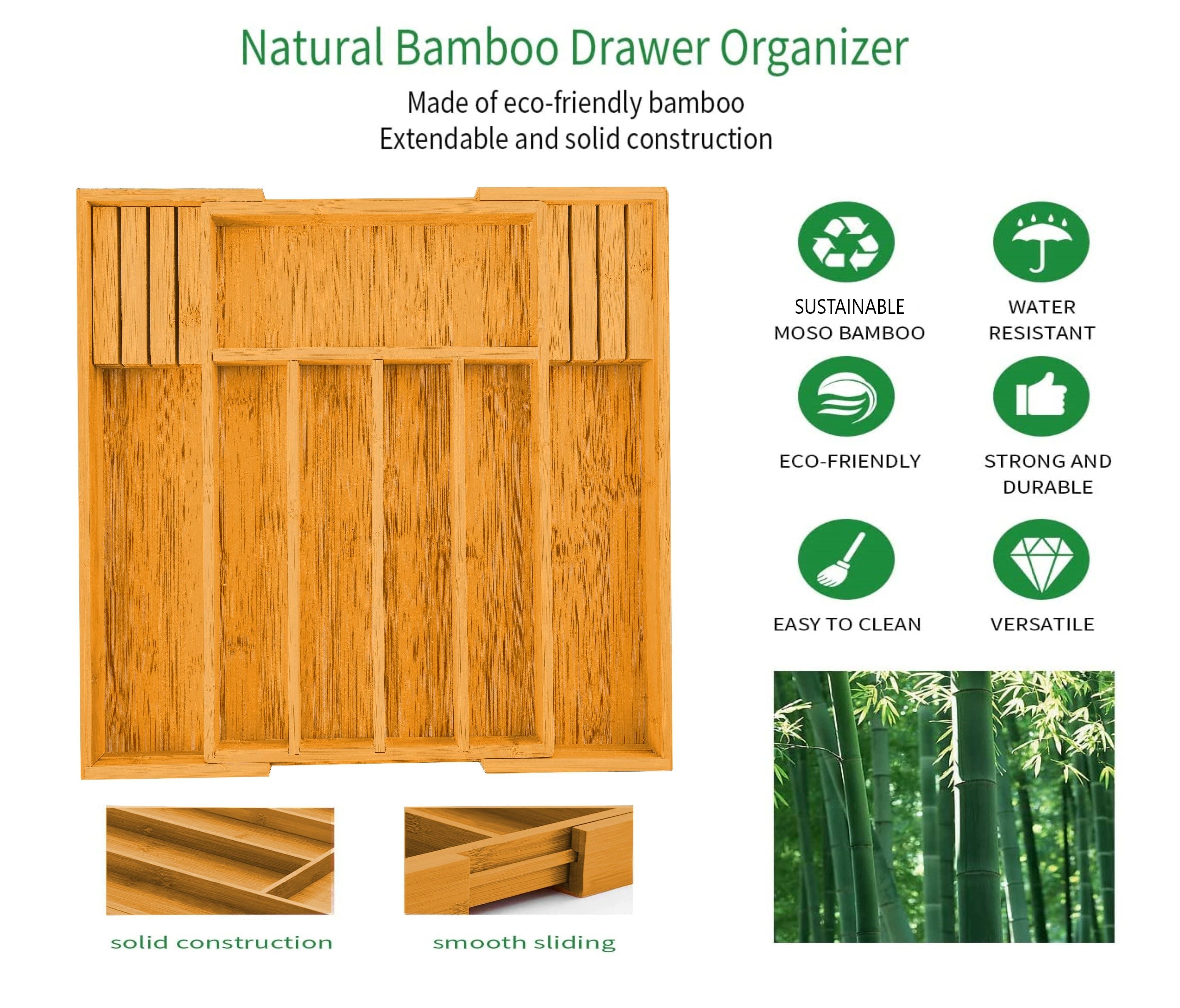Kitchen Utensils: 2 Pack Large Capacity Bamboo Expandable Drawer Organizer with Knife Block Holder for Home Kitchen Utensils