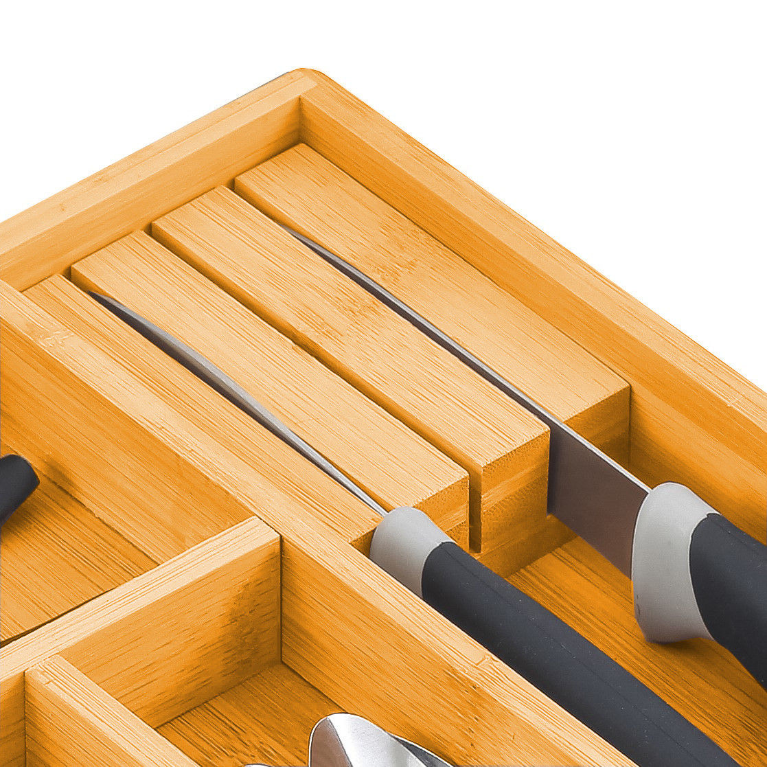 Kitchen Utensils: 2 Pack Large Capacity Bamboo Expandable Drawer Organizer with Knife Block Holder for Home Kitchen Utensils