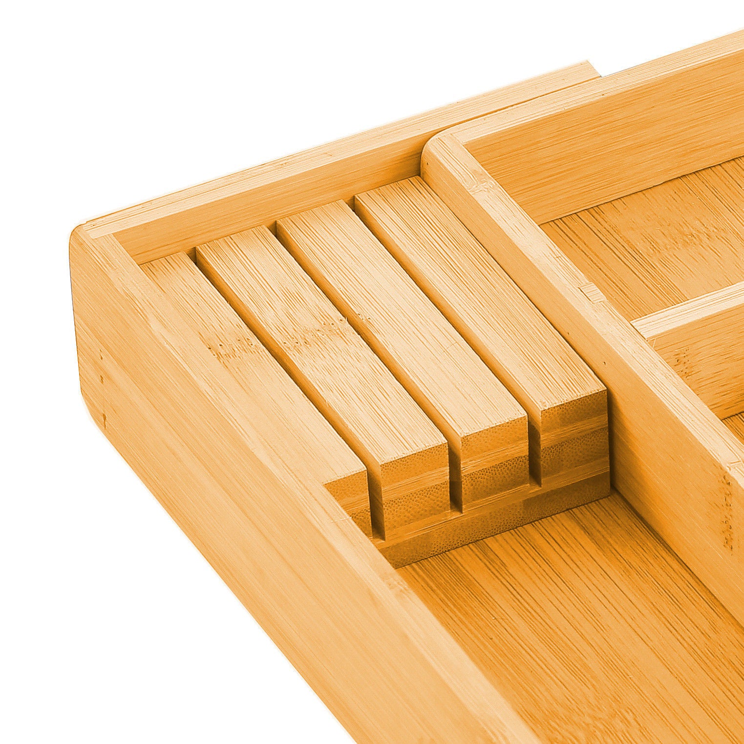 Kitchen Utensils: 2 Pack Large Capacity Bamboo Expandable Drawer Organizer with Knife Block Holder for Home Kitchen Utensils