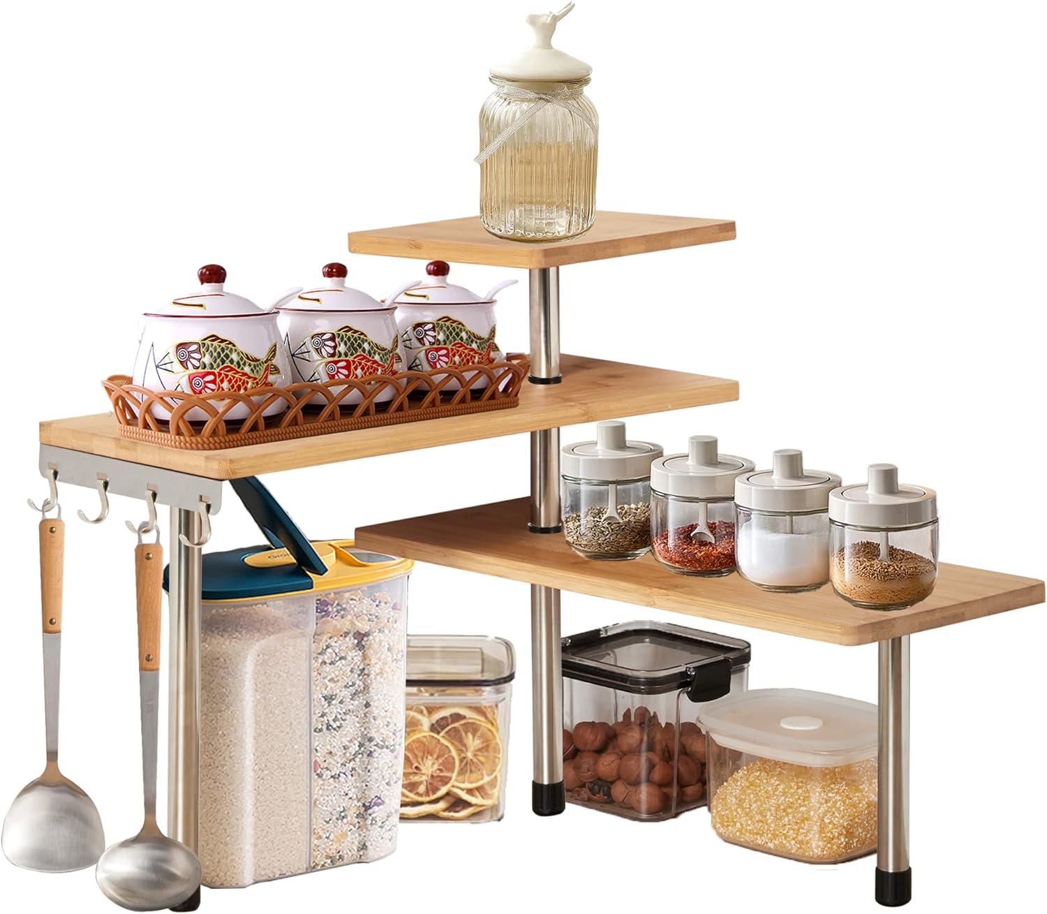 Kitchen & Bathroom DIY: CARLA HOME 3 Tier Corner Shelf Kitchen Spice Rack Organiser with Hooks for Home Storage & Organisation