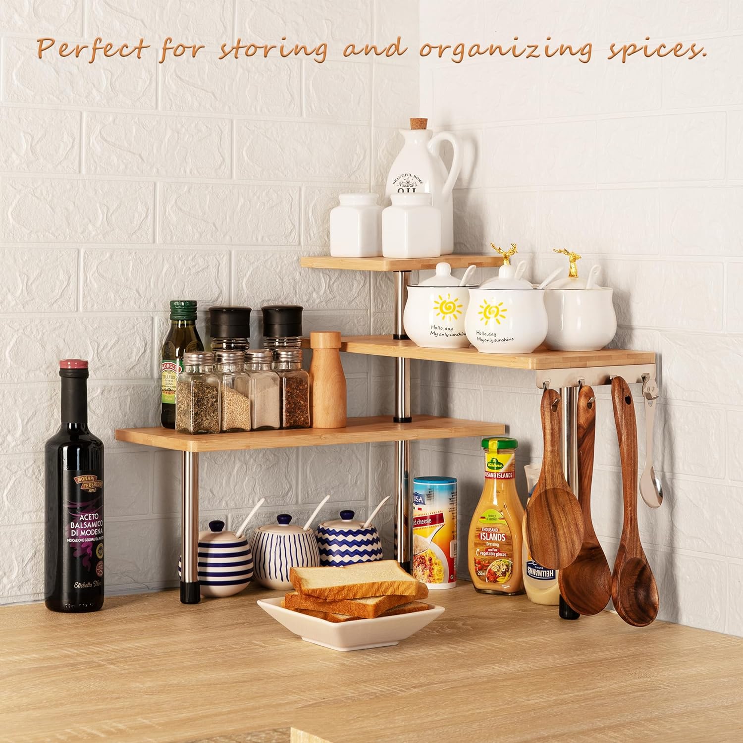 Kitchen & Bathroom DIY: CARLA HOME 3 Tier Corner Shelf Kitchen Spice Rack Organiser with Hooks for Home Storage & Organisation