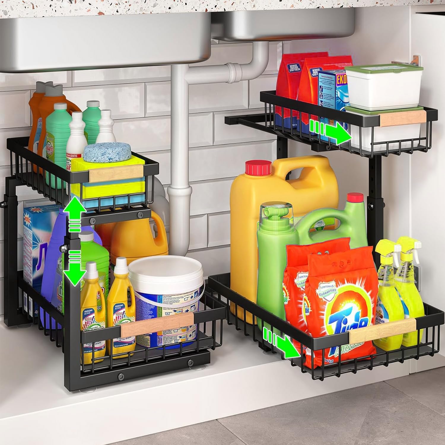 Drying Racks & Hangers: 2-Tier Kitchen Under Sink Organiser Storage with Height Adjustable, Unique Slide Rail & Suction Cups for Storage