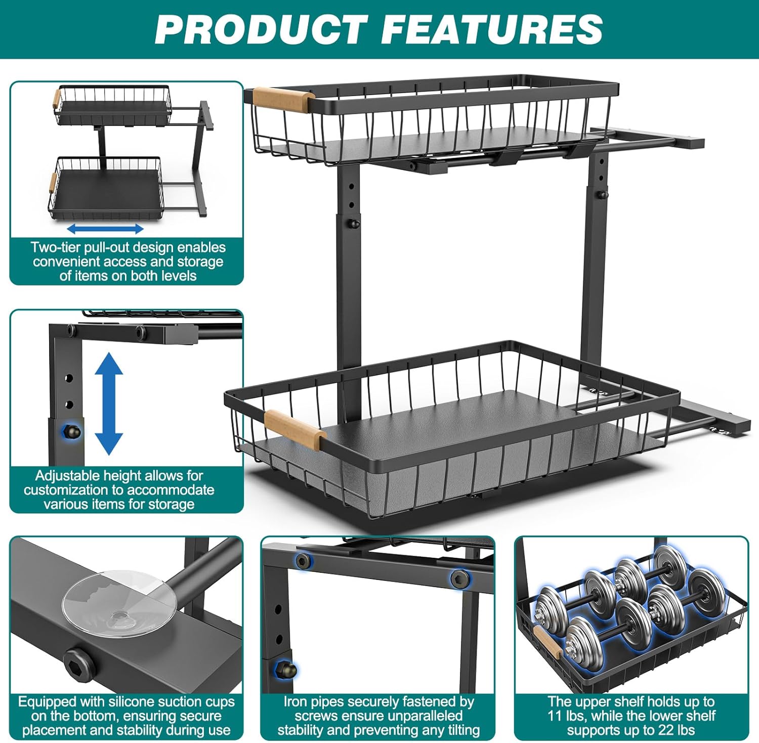 Drying Racks & Hangers: 2-Tier Kitchen Under Sink Organiser Storage with Height Adjustable, Unique Slide Rail & Suction Cups for Storage