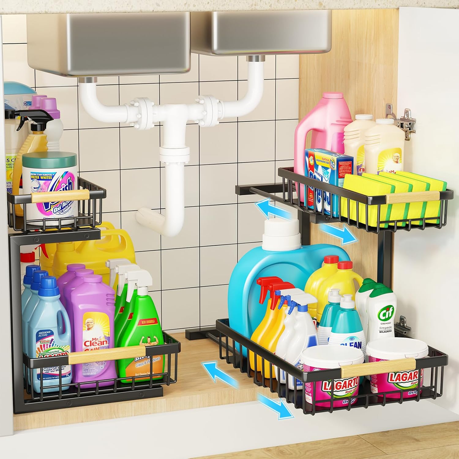 Drying Racks & Hangers: 2-Tier Kitchen Under Sink Organiser Storage with Height Adjustable, Unique Slide Rail & Suction Cups for Storage
