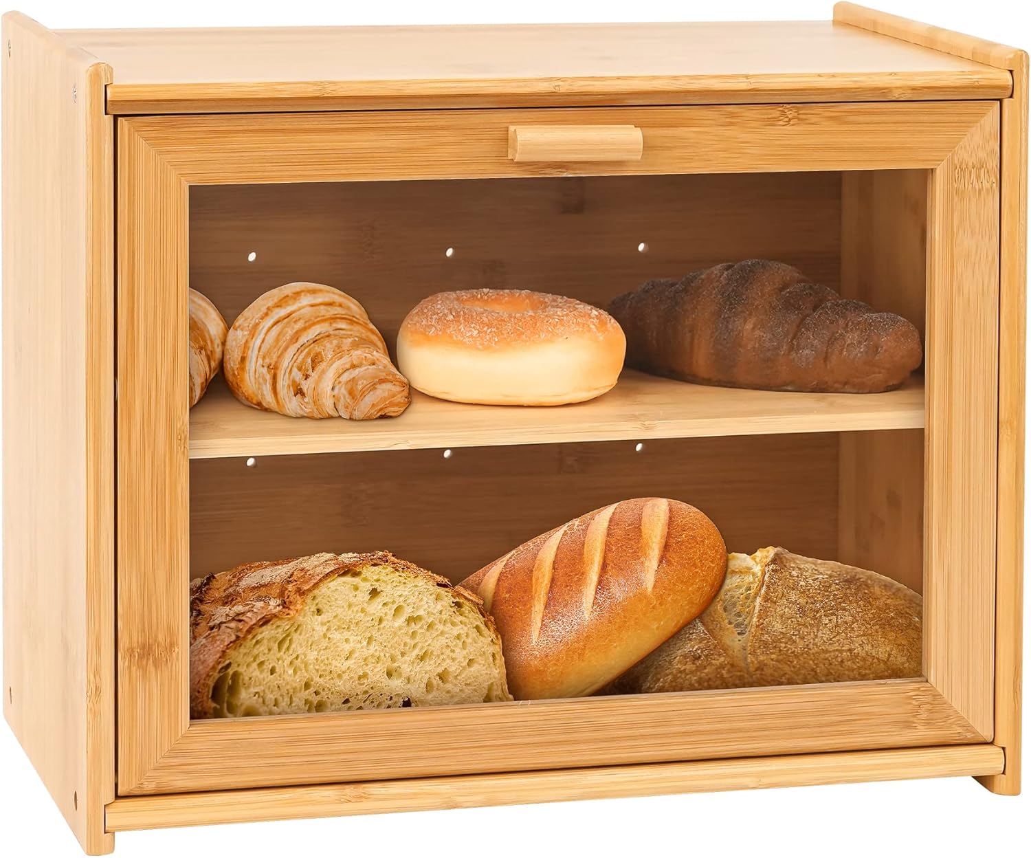 Food Storage: Double Layer Bamboo Bread Box for Kitchen Counter with Large Capacity and Transparent Window