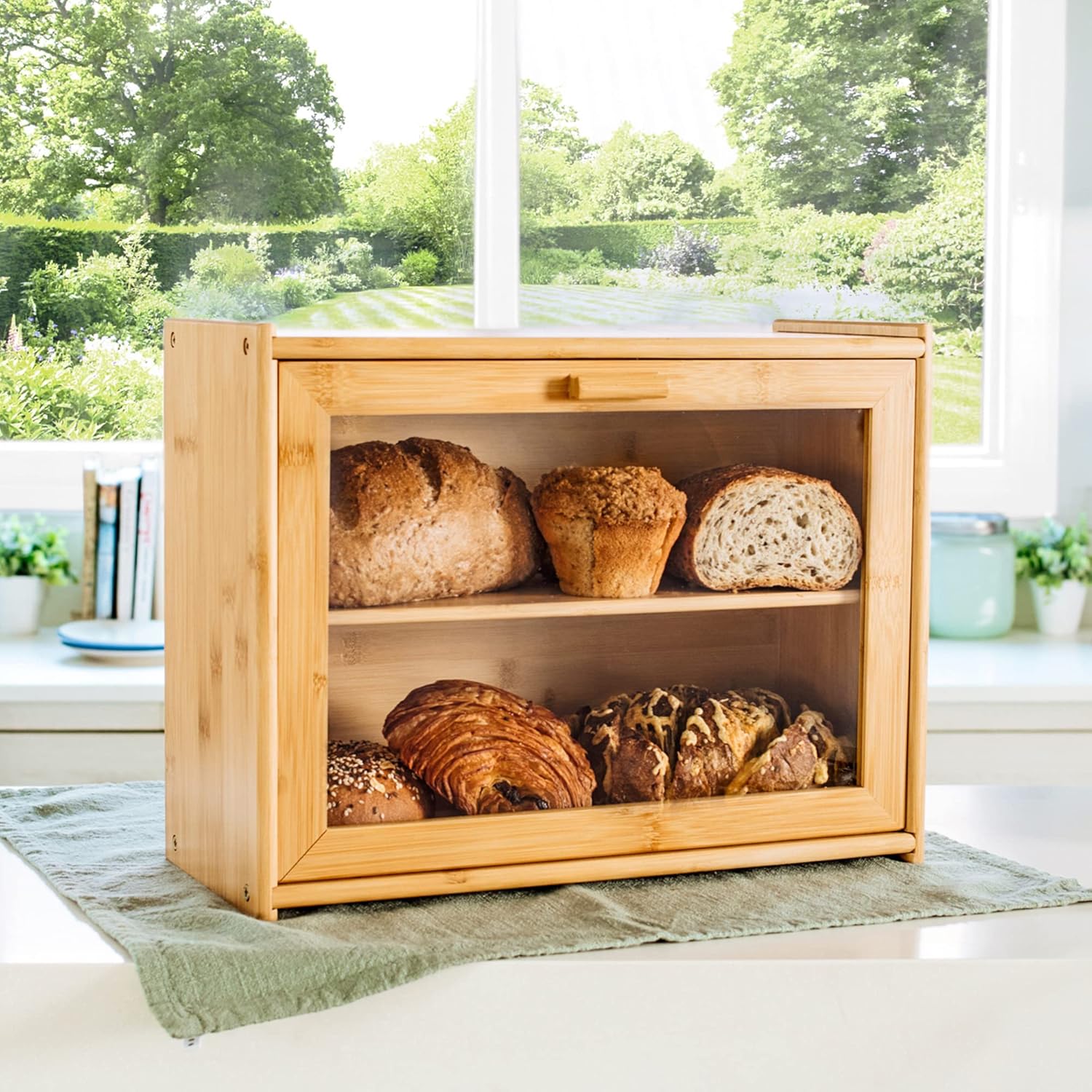 Food Storage: Double Layer Bamboo Bread Box for Kitchen Counter with Large Capacity and Transparent Window