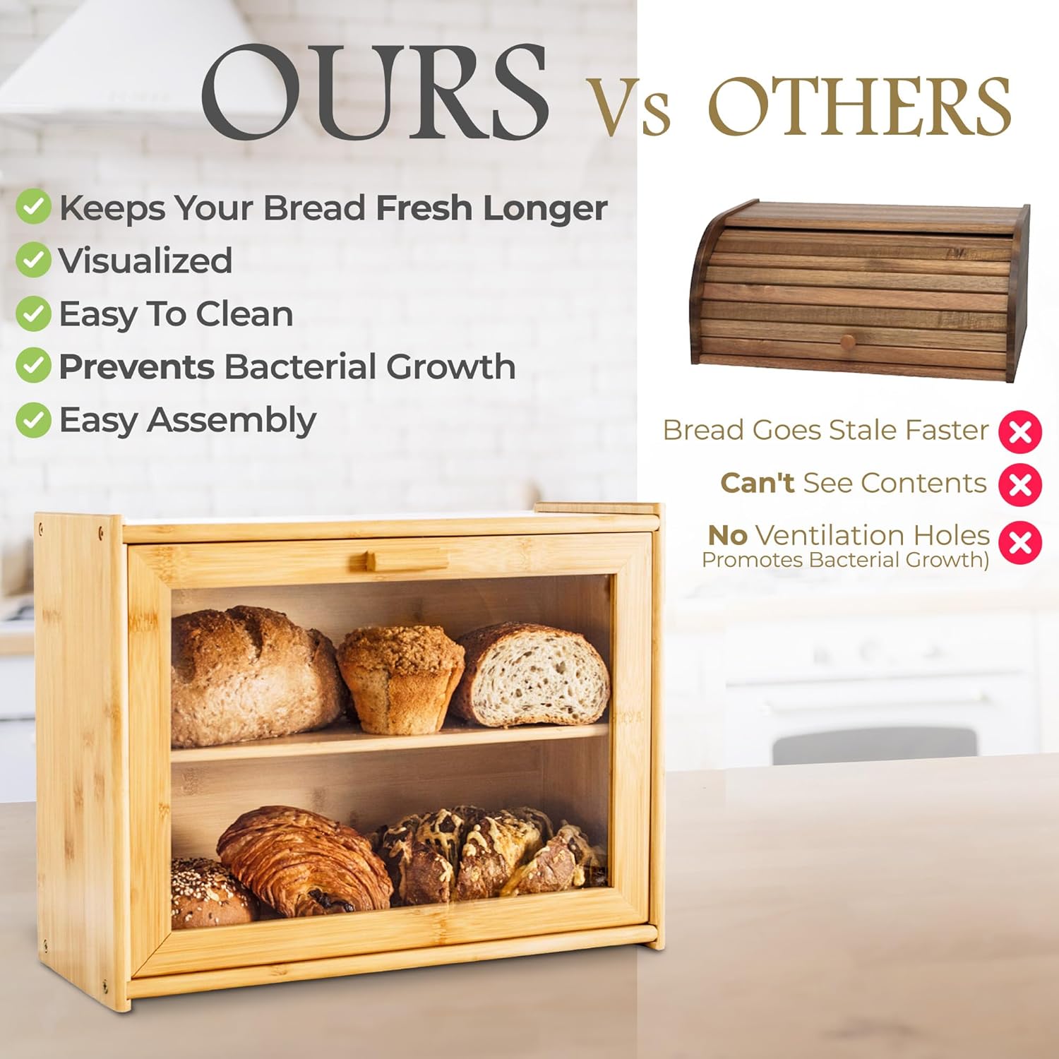 Food Storage: Double Layer Bamboo Bread Box for Kitchen Counter with Large Capacity and Transparent Window