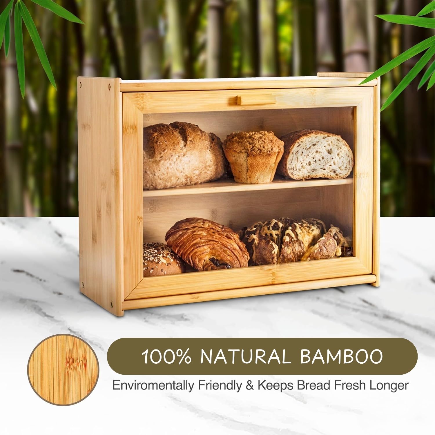Food Storage: Double Layer Bamboo Bread Box for Kitchen Counter with Large Capacity and Transparent Window