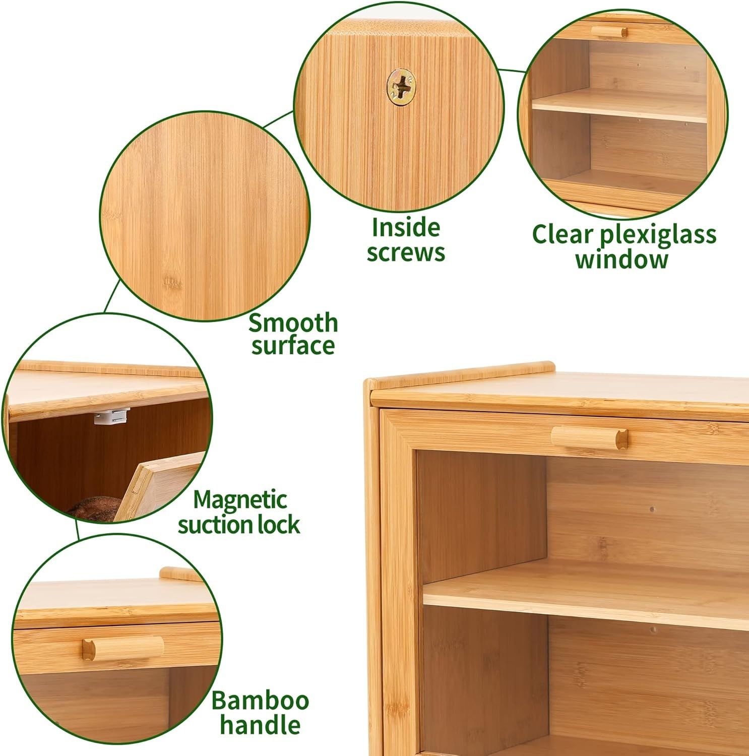 Food Storage: Double Layer Bamboo Bread Box for Kitchen Counter with Large Capacity and Transparent Window